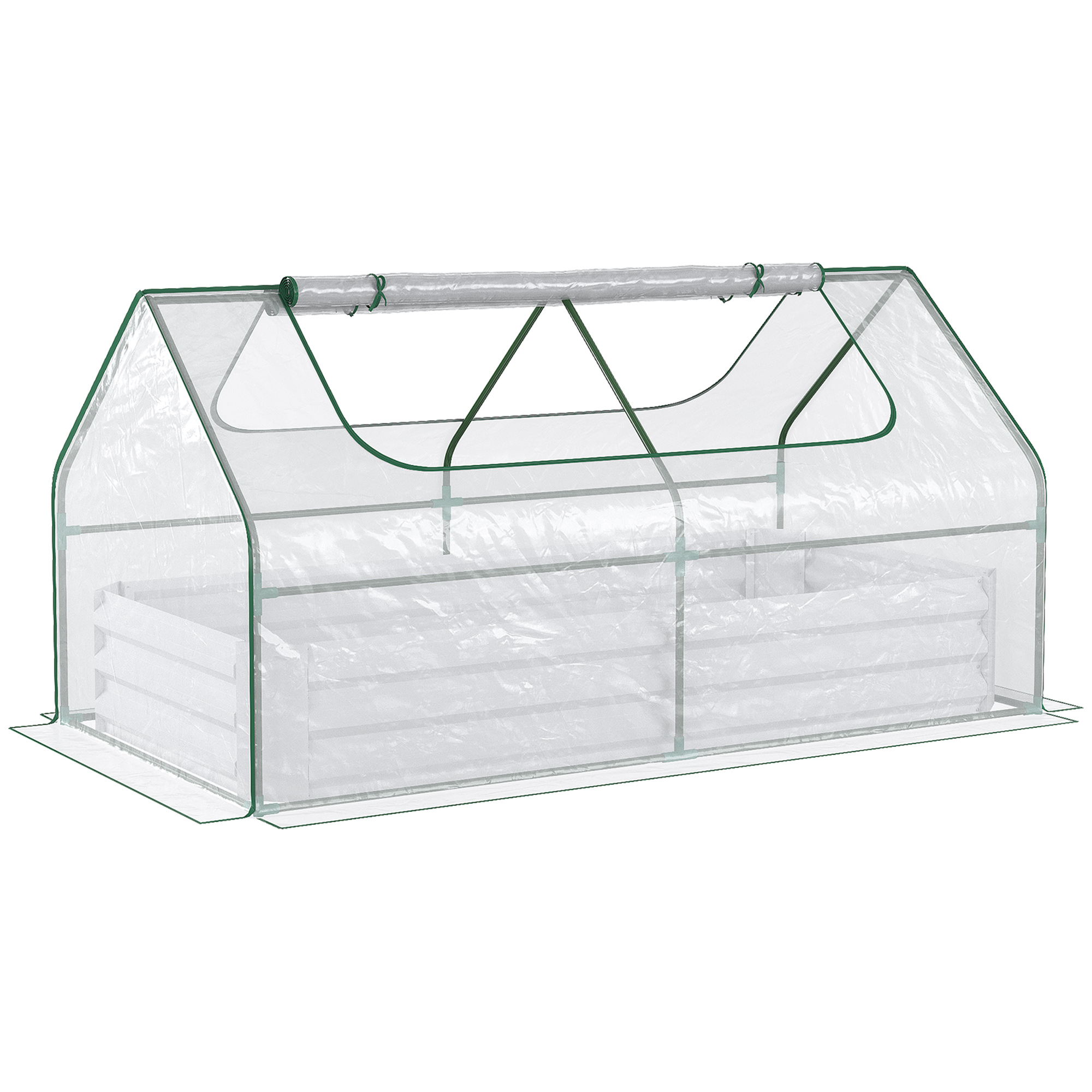Raised Garden Bed with Greenhouse, Steel Planter Box with Plastic Cover, Roll Up Window, Dual Use for Flowers, Vegetables, Fruits, Clear - Life 