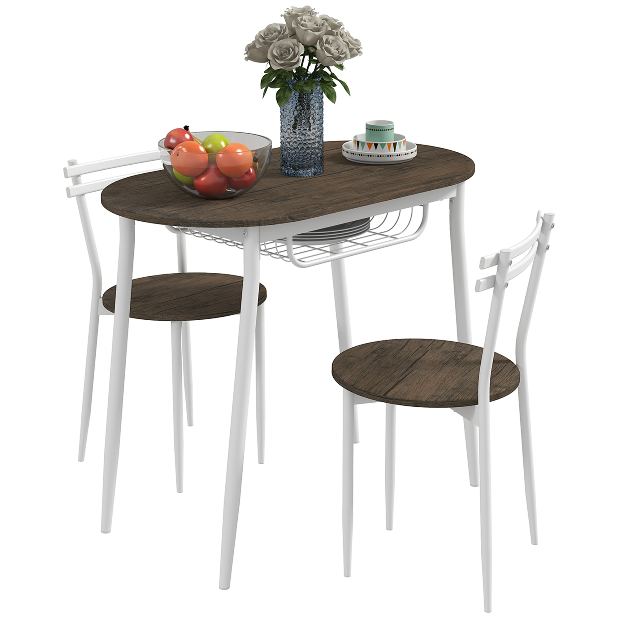 3-Piece Dining Table and Chairs Set, Oval Kitchen Table with 2 Chairs, with Wire Storage Shelf and Steel Frame, Natural - Life Essentials