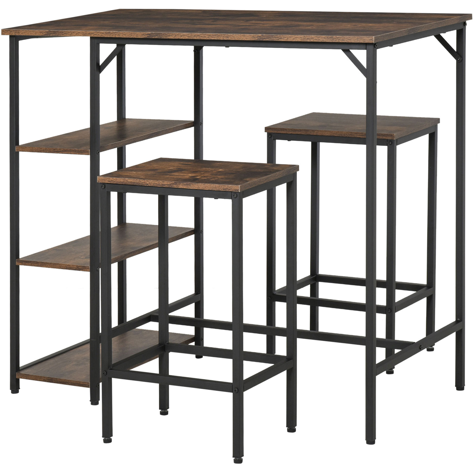 Dining Table Set Industrial Bar Height With 2 Stools & Side Shelf, 3 Pieces Coffee Table for Dining Room, Kitchen, Dinette - Life Essentials
