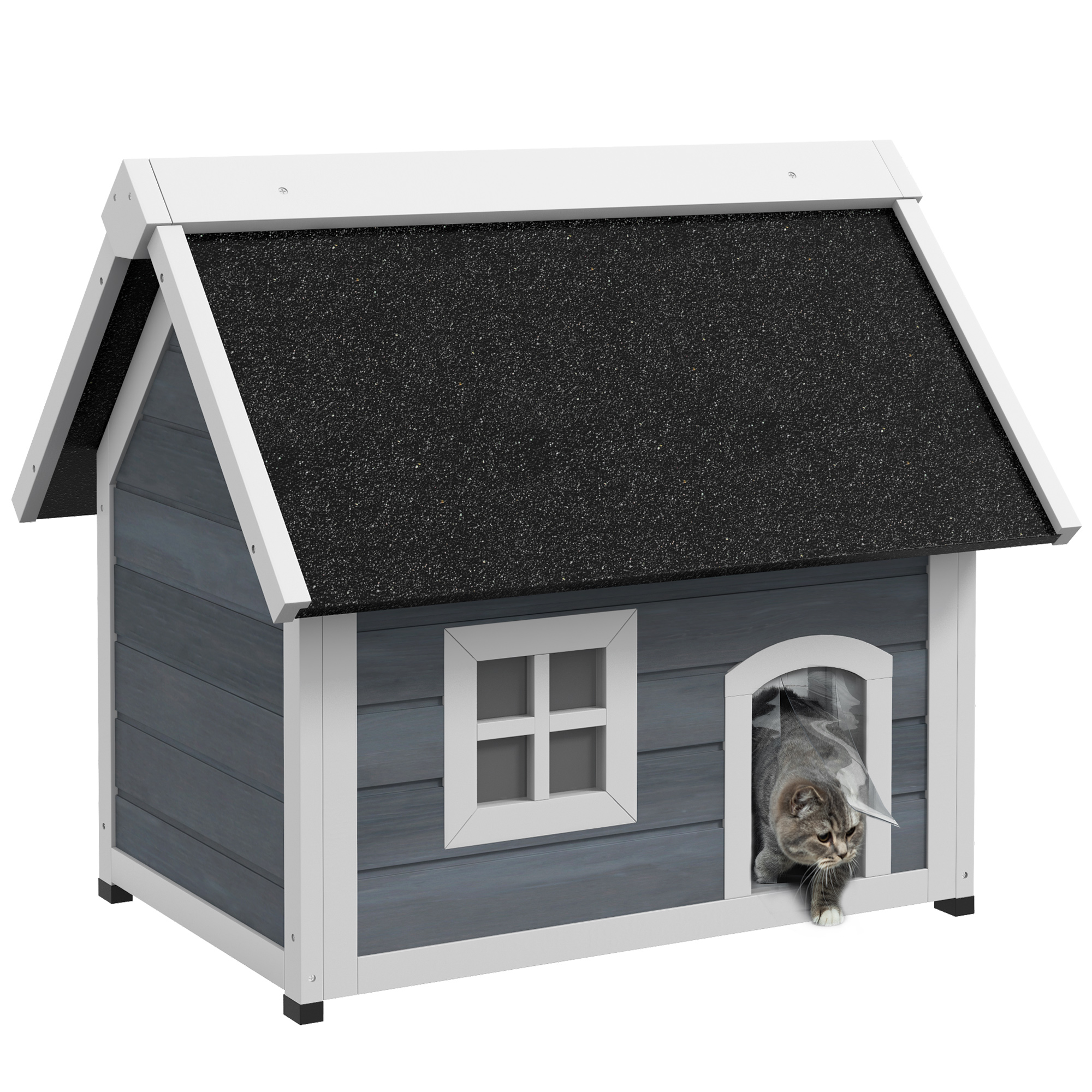Shelley Outdoor Cat House Wooden Shelter with Openable Roof and Three Doors - Grey - Life Essentials