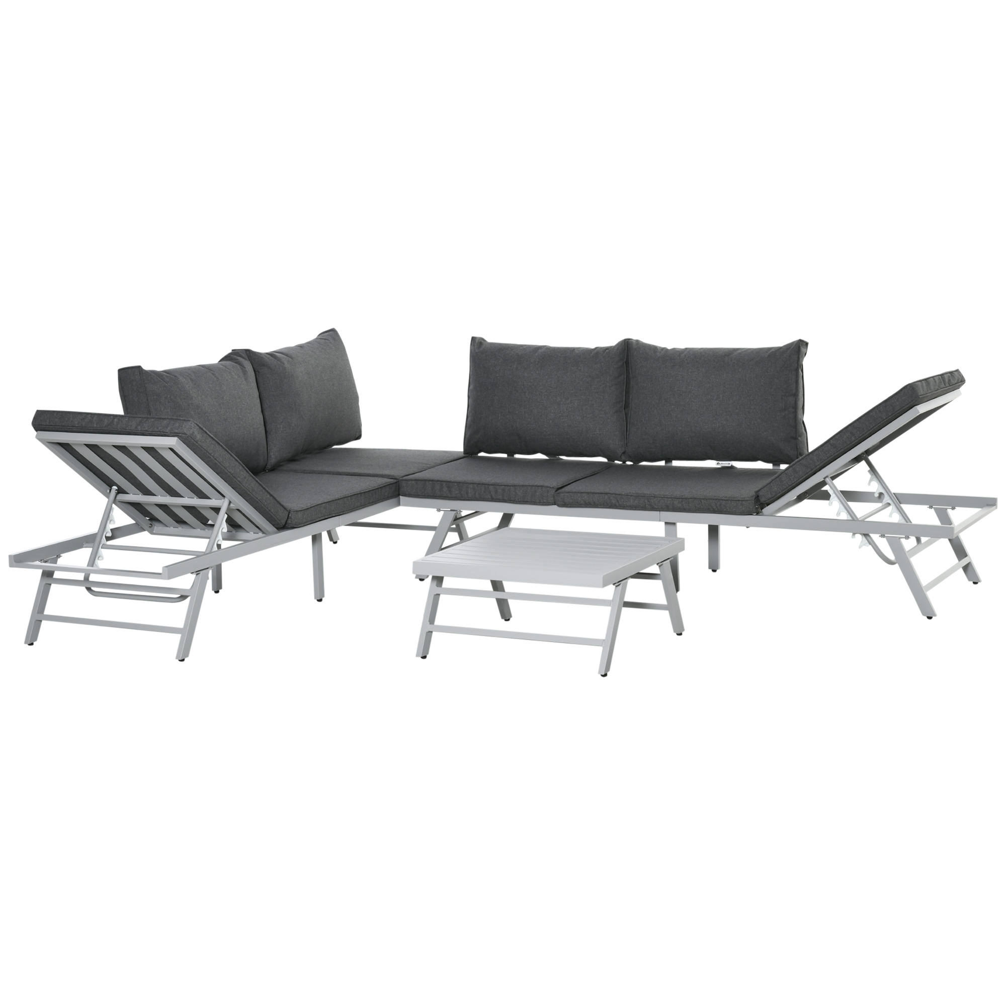 3 Pcs Garden Seating Set w/ Convertible Sofa Lounge Table Padded Cushions Outdoor Patio Furniture Couch Grey - Life Essentials