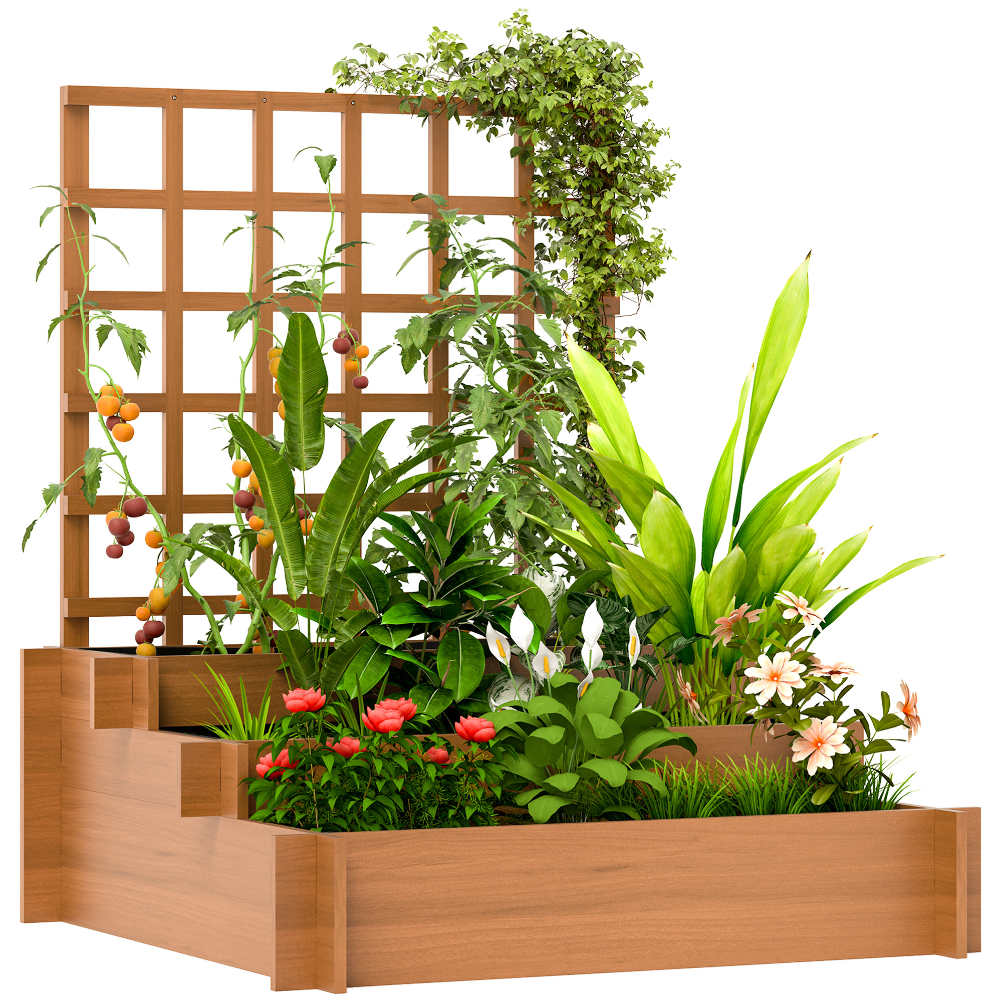 SUNVISTA 3 Tier Garden Planters with Trellis for Vine Climbing, Wooden Raised Beds, 95x95x110cm, Brown - Life Essentials