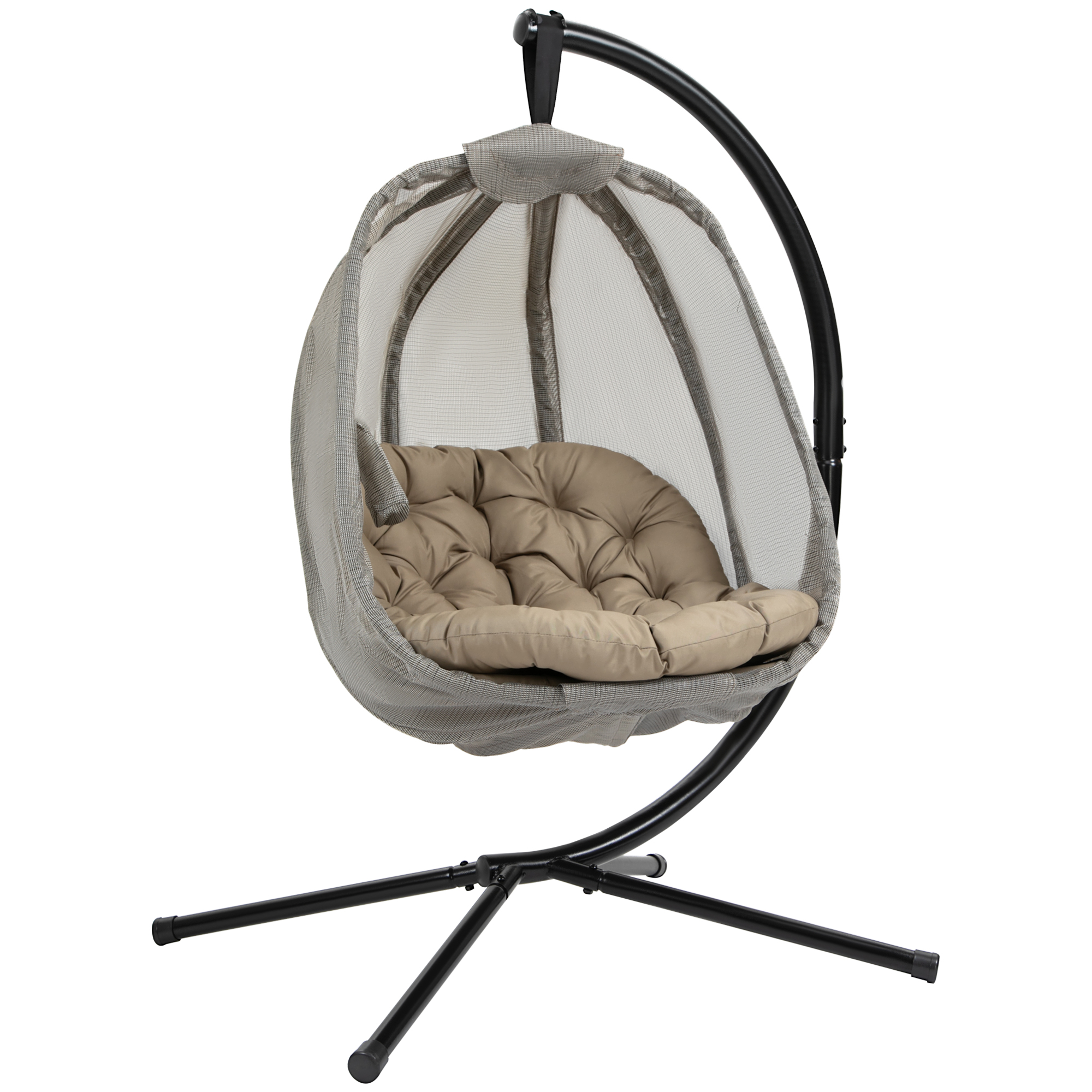 Hanging Egg Chair, Folding Swing Hammock with Cushion and Stand for Indoor Outdoor, Patio Garden Furniture, Khaki - Life Essentials