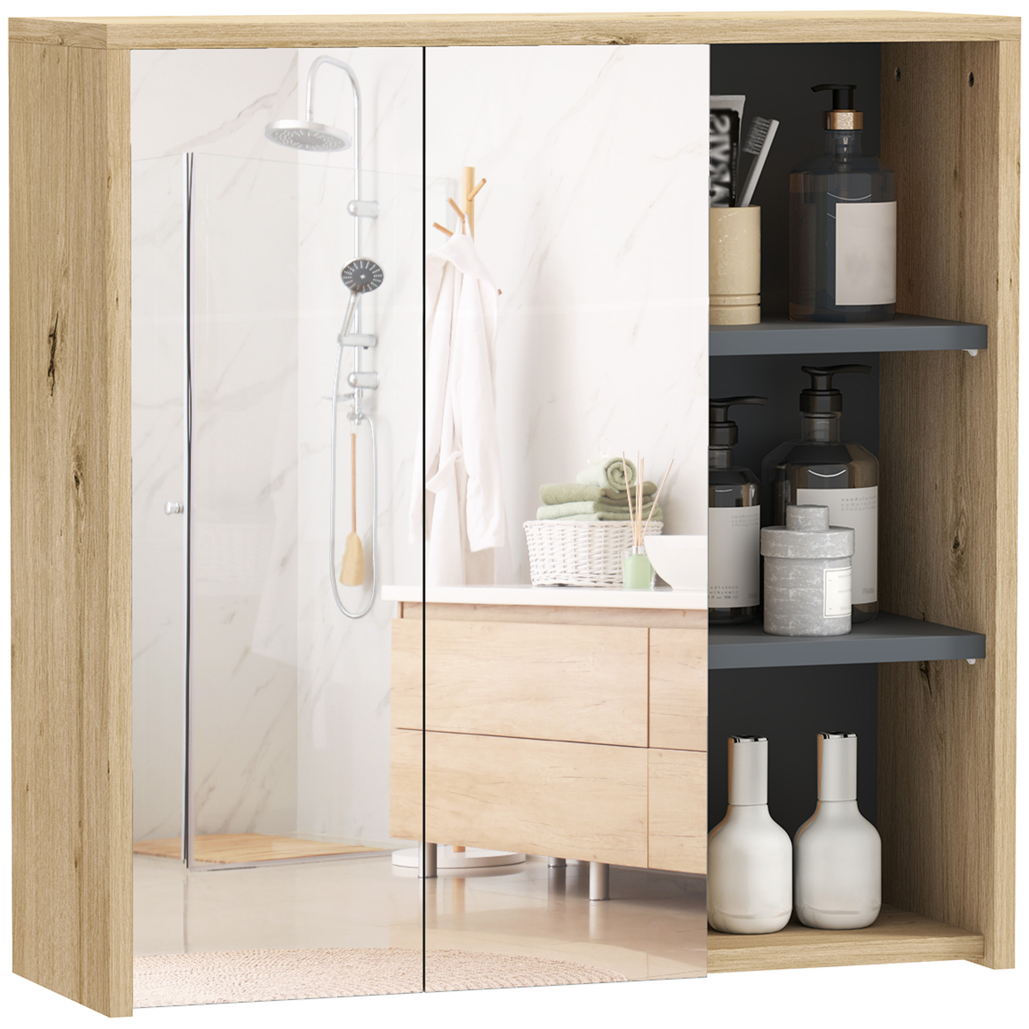 HERON Five-Shelf Mirrored Bathroom Cabinet - Wood-Effect - Life Essentials