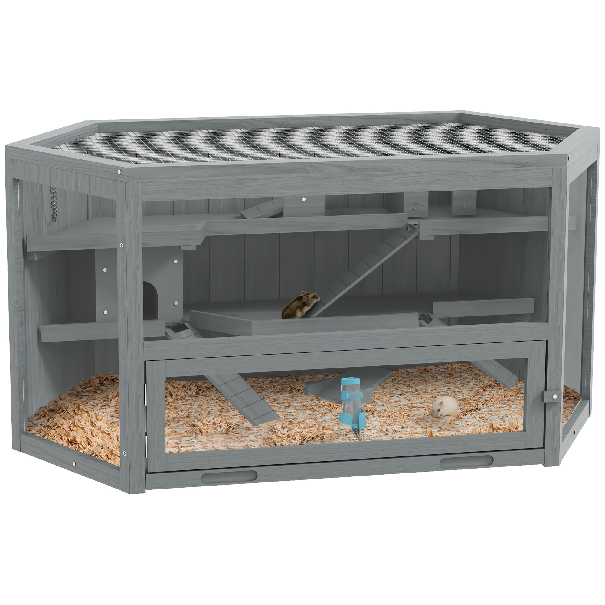 PAWSTER 3 Tier Wooden Large Hamster Cage with Sliding Tray, Seesaws, Water Bottle, Grey - Life Essentials