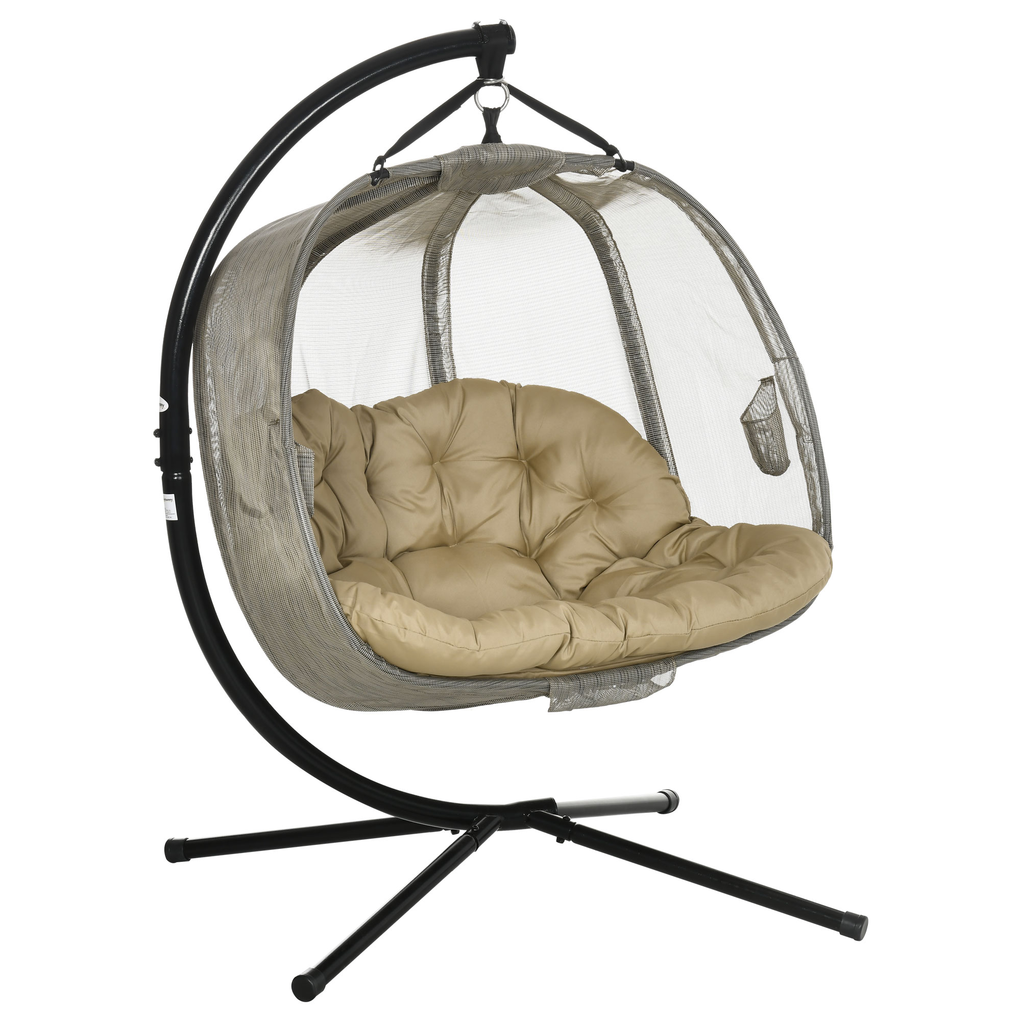 Double Hanging Egg Chair 2 Seaters Swing Hammock Chair with Stand, Cushion and Folding Design, for Indoor and Outdoor, Brown - Life Essentials