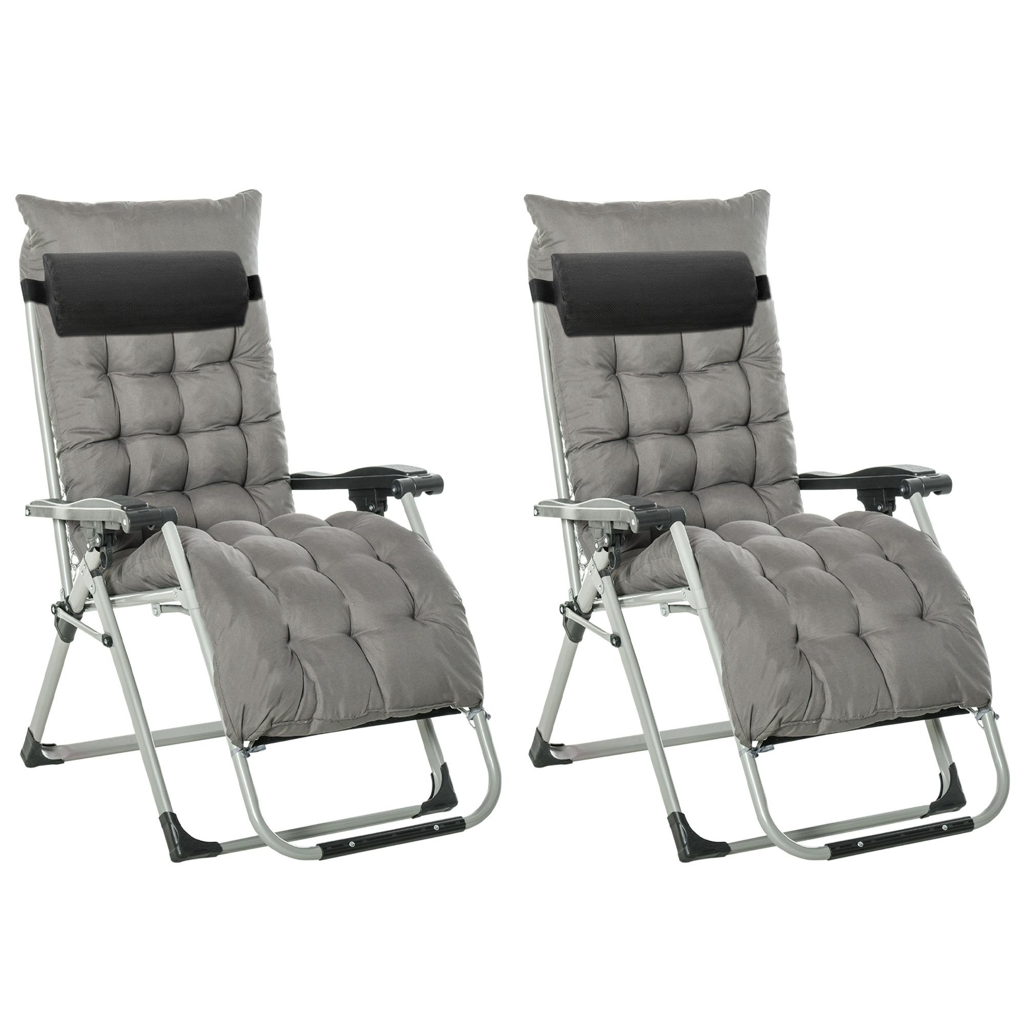 2 Piece Reclining Zero Gravity Chair Folding Garden Sun Lounger with Cushion Headrest Dark Grey - Life Essentials