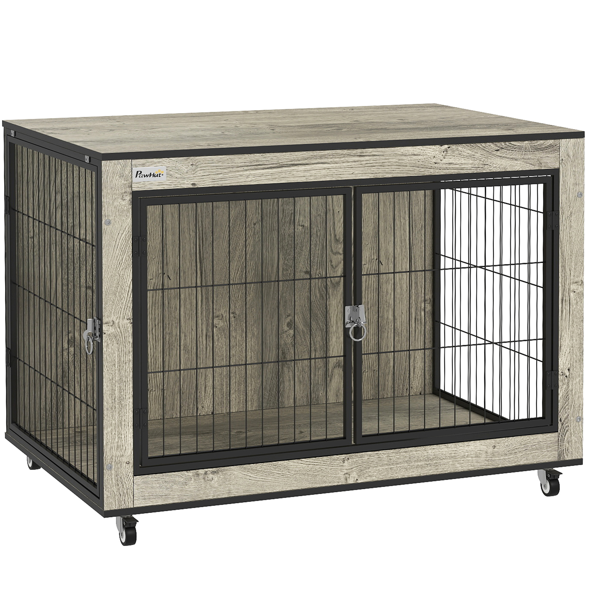 PAWSTER Dog Crate Furniture with Wheels, Double Doors, for Medium Dogs, 80 x 56 x 62.5cm, Grey - Life Essentials