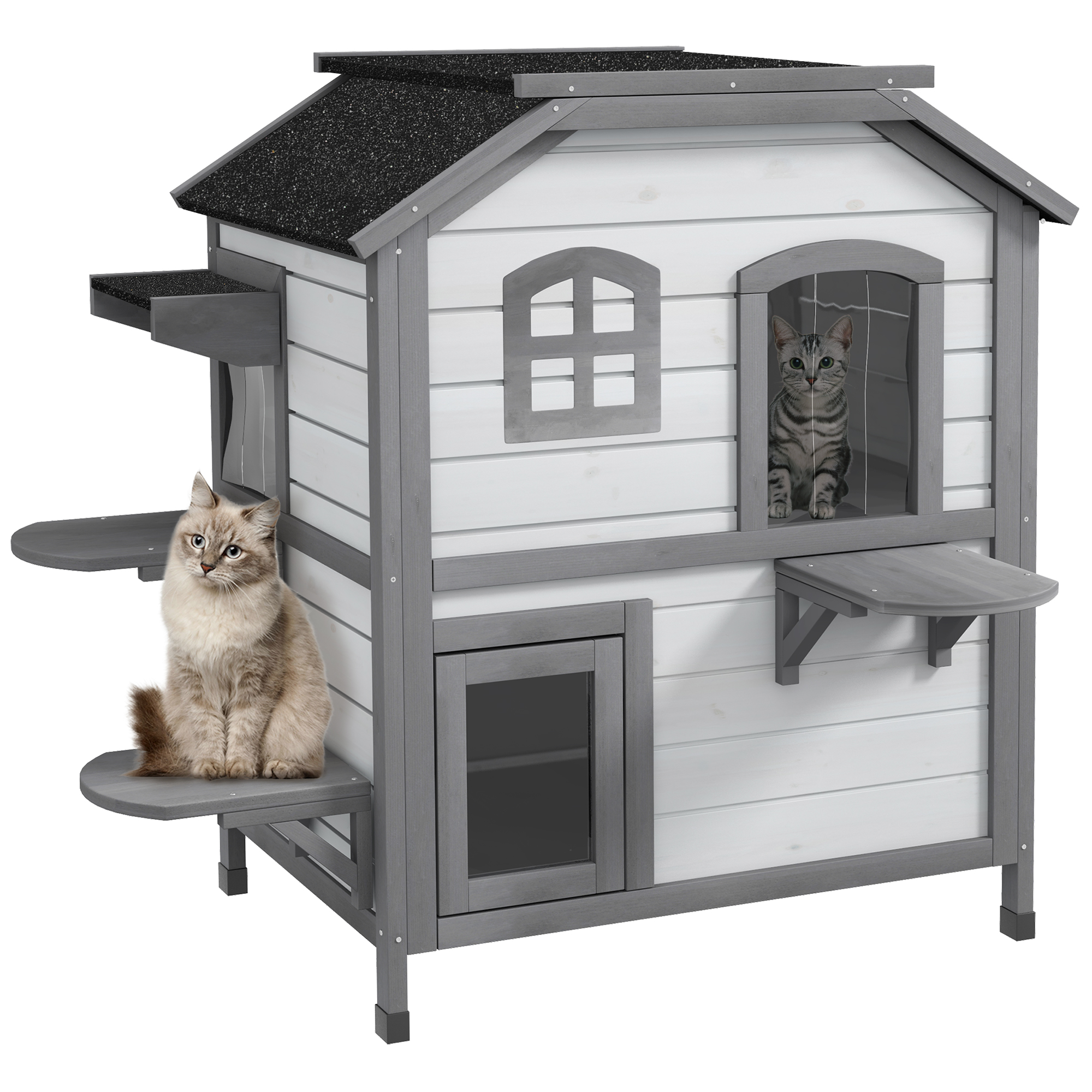 Shelley 2-Storey Wooden Cat Enclosure with Openable Weatherproof Roof - White - Life Essentials