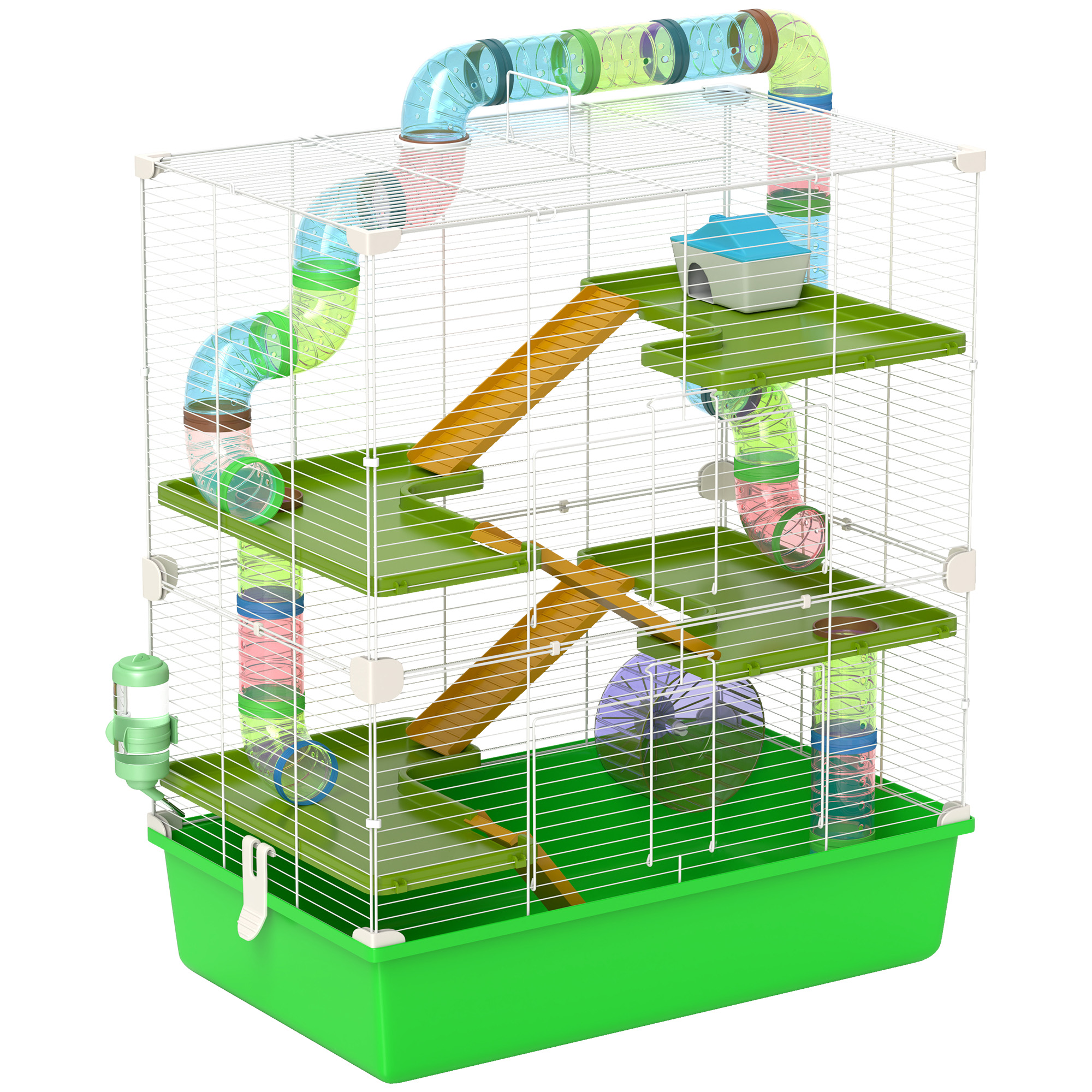 Shelley Hamster Cage with Water Bottle Exercise Wheel Tubes Ramps - Green - Life Essentials