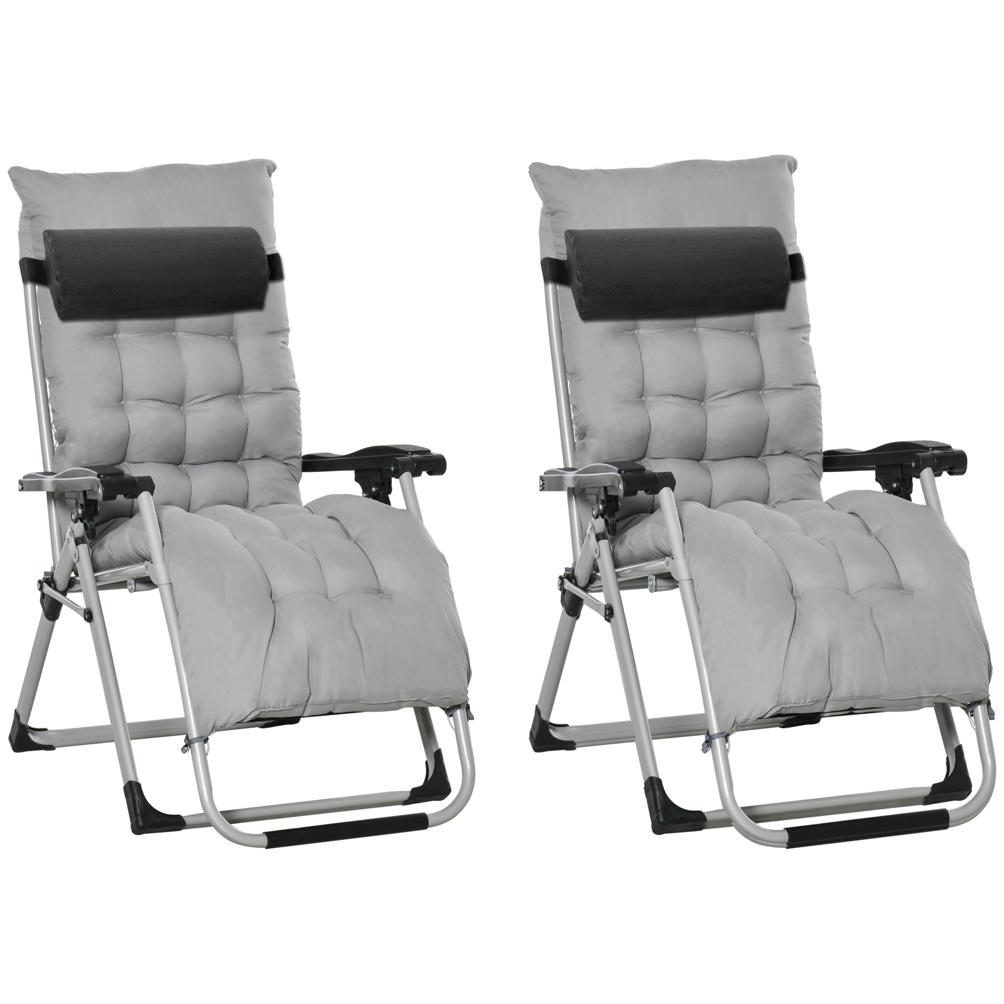 2 Piece Reclining Zero Gravity Chair Folding Garden Sun Lounger with Cushion Headrest Light Grey - Life Essentials