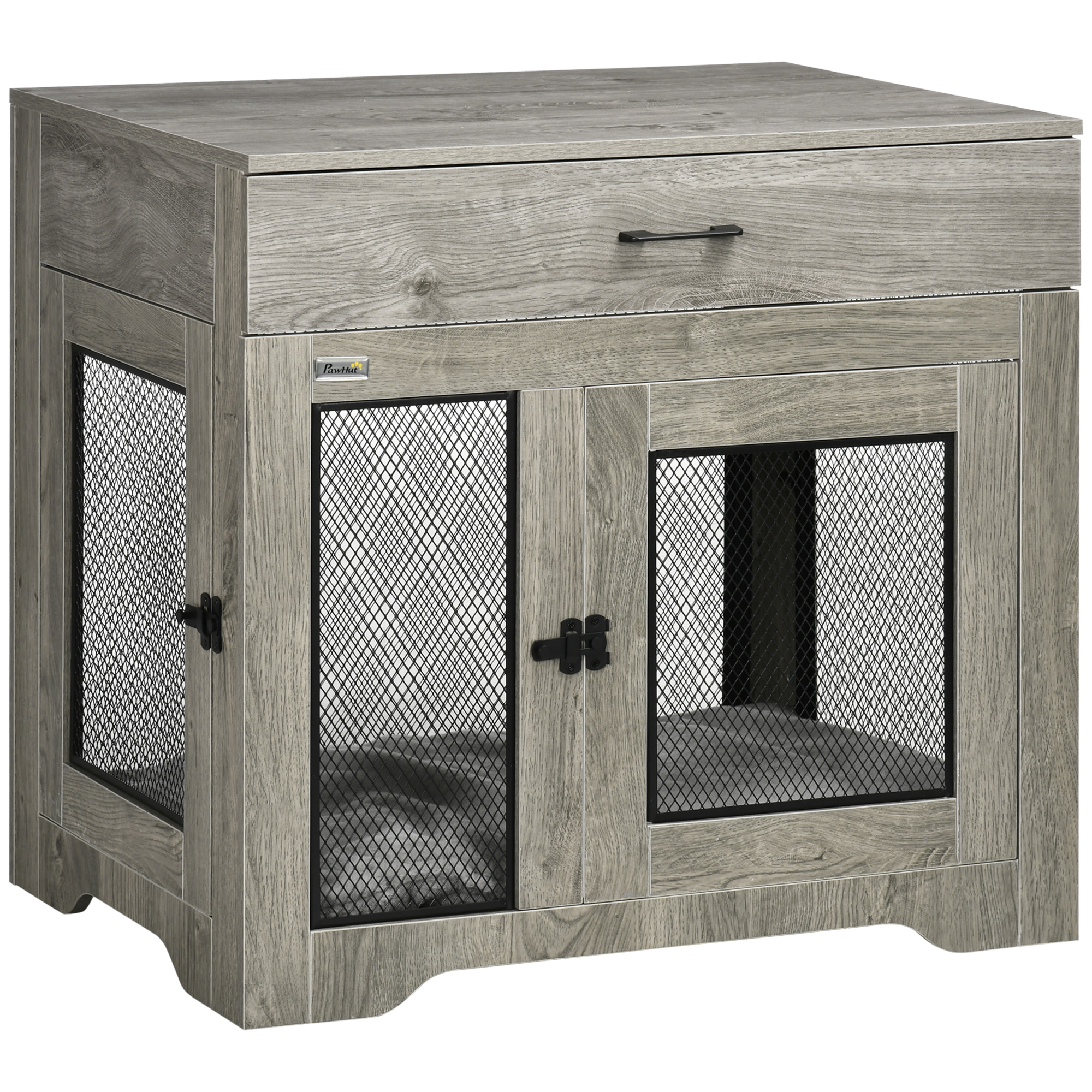 Indoor Use Dog Crate Furniture with Cushion, Double Doors Pet Kennel End Table with Drawer for Medium Dogs, Grey - Life Essentials