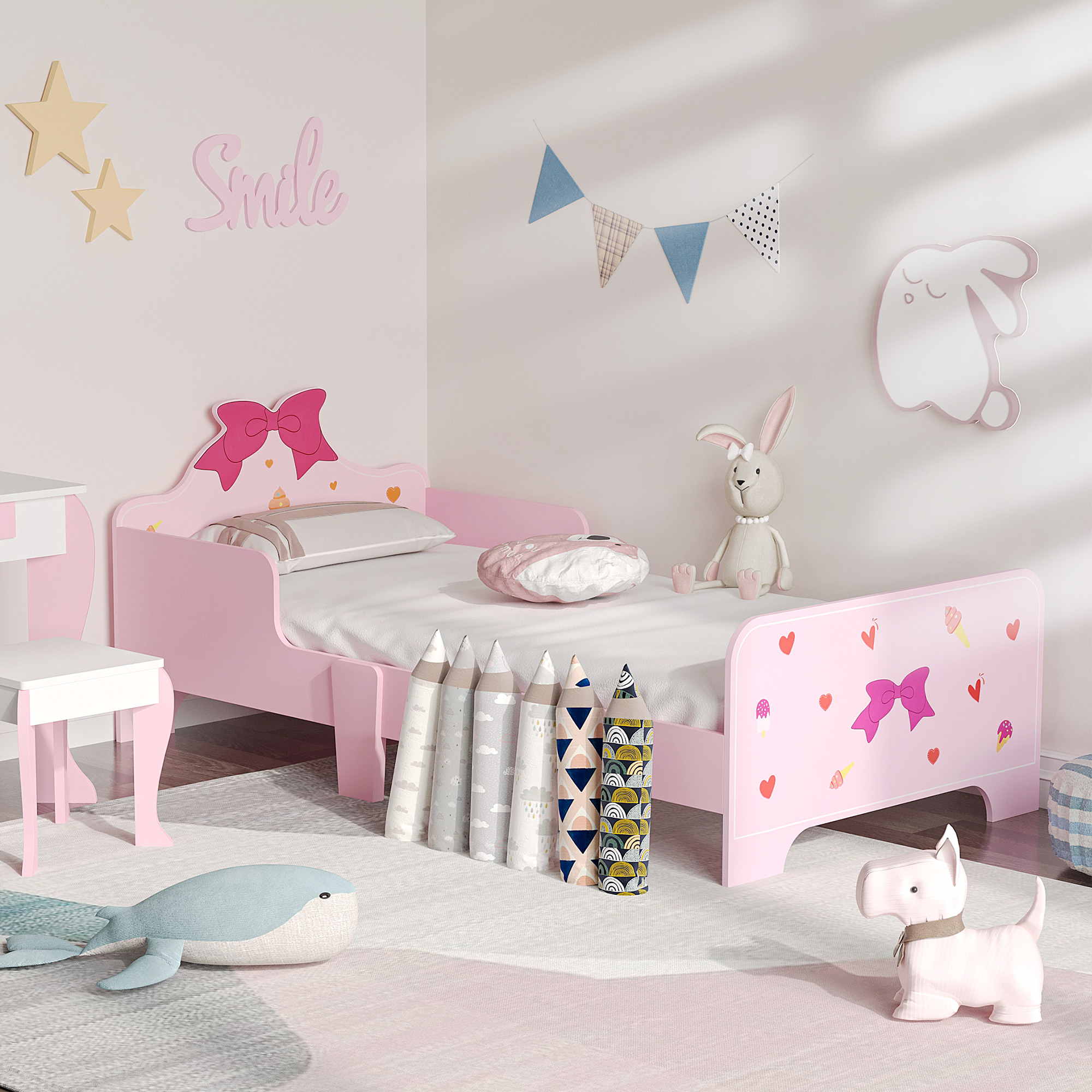 Princess-themed Kids Toddler Bed with Cute Patterns, Safety Side Rails Slats, Kids Bedroom Furniture for 3-6 Years, Pink, 143 x 74 x 59 cm - Life 
