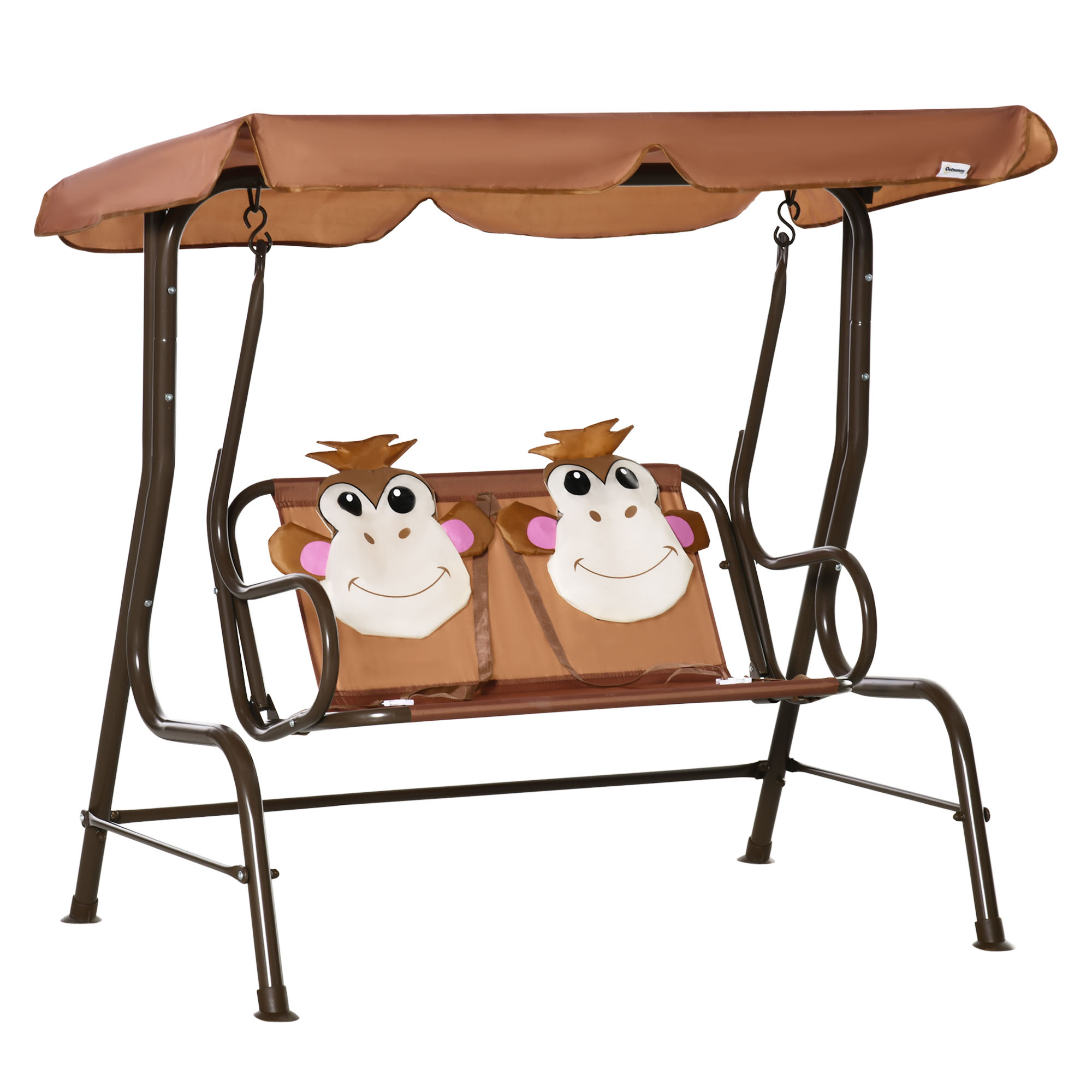2-Seat Kids Canopy Swing, Children Outdoor Patio Lounge Chair, for Garden Porch, with Adjustable Awning, Seat Belt, Monkey Pattern, Coffee - Life 