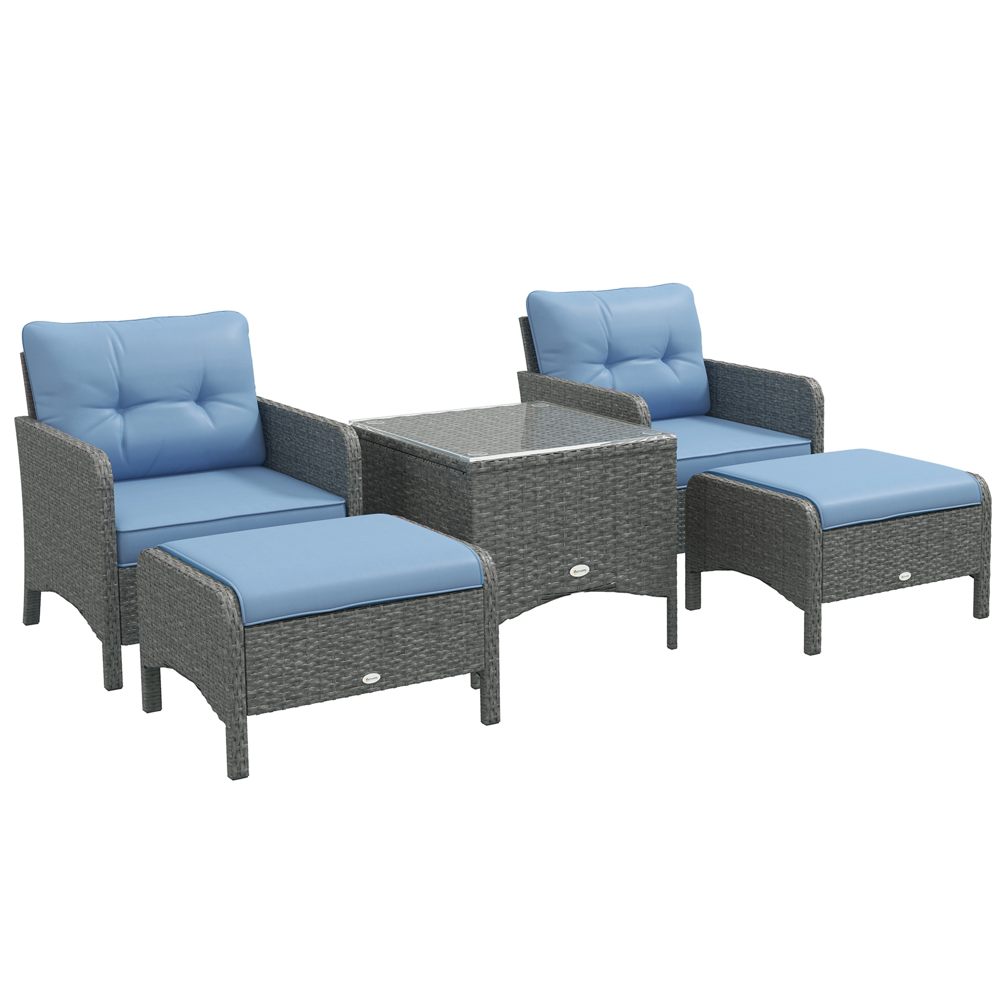 5 Pieces PE Rattan Garden Furniture Set, Wicker Outdoor Sofa Set w/ 2 Armchairs 2 Stools Glass Top Table Cushions, Blue - Life Essentials