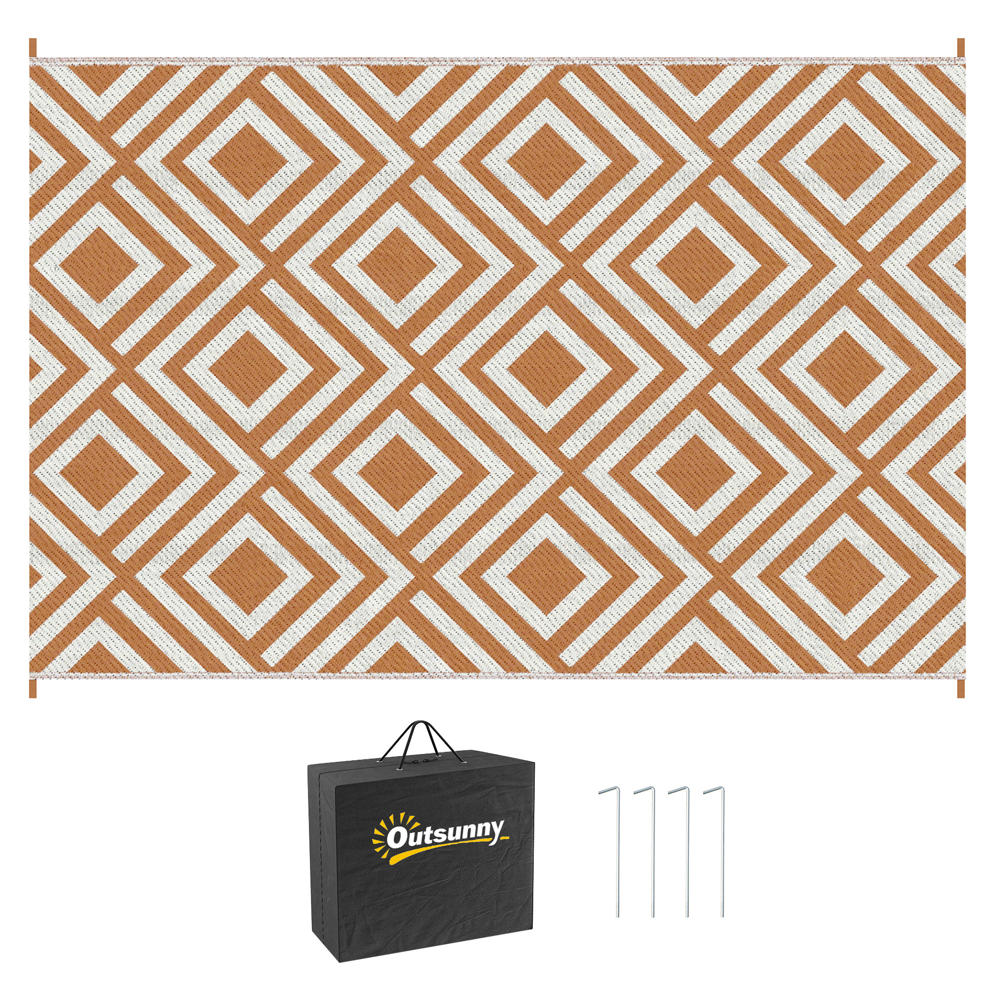 Reversible Outdoor Rug with Carry Bag and Ground Stakes, Waterproof Plastic Straw Mat for Backyard, Deck, RV, Picnic, Beach Brown & White - Life 