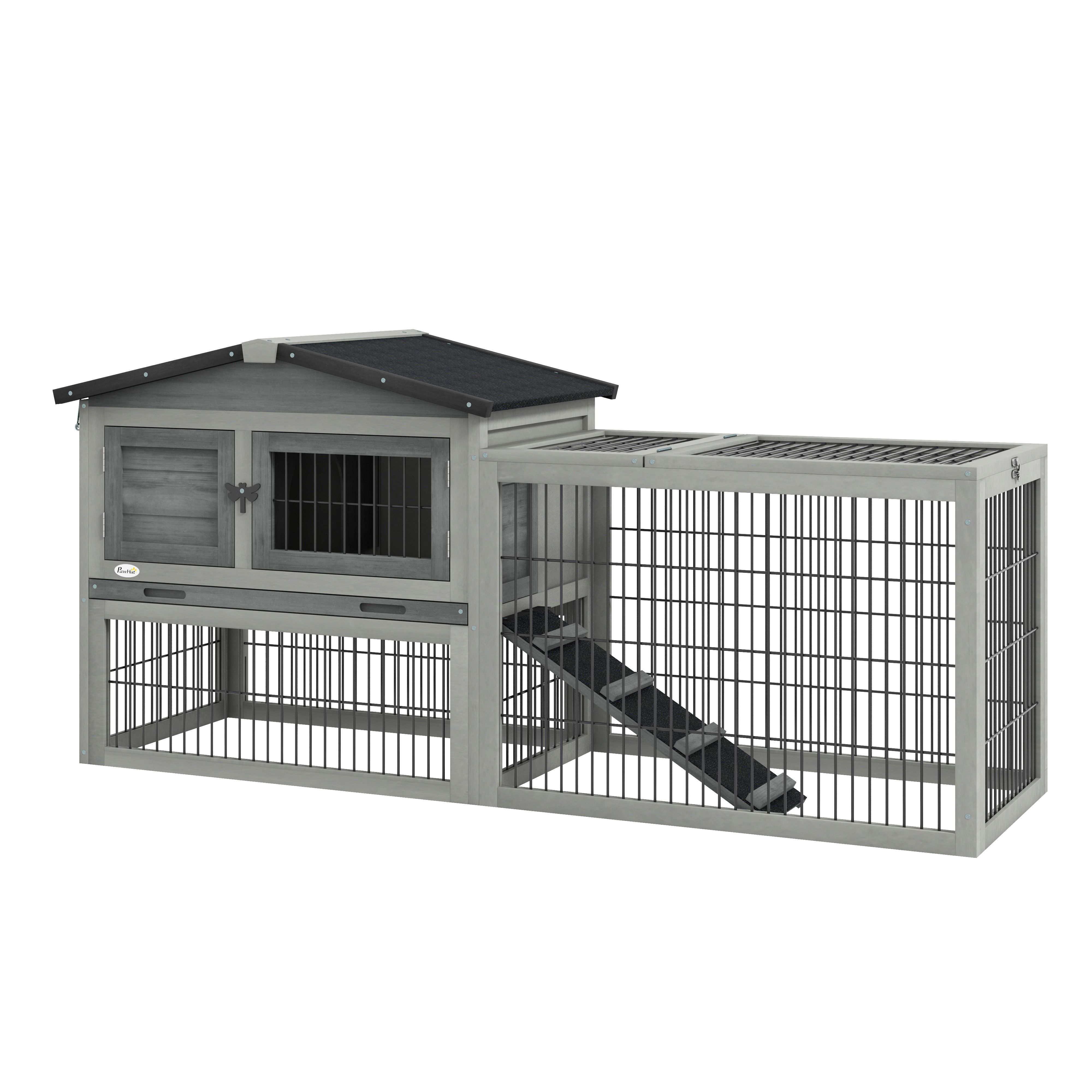 Wooden Rabbit Hutch with Outdoor Run Grey - Life Essentials