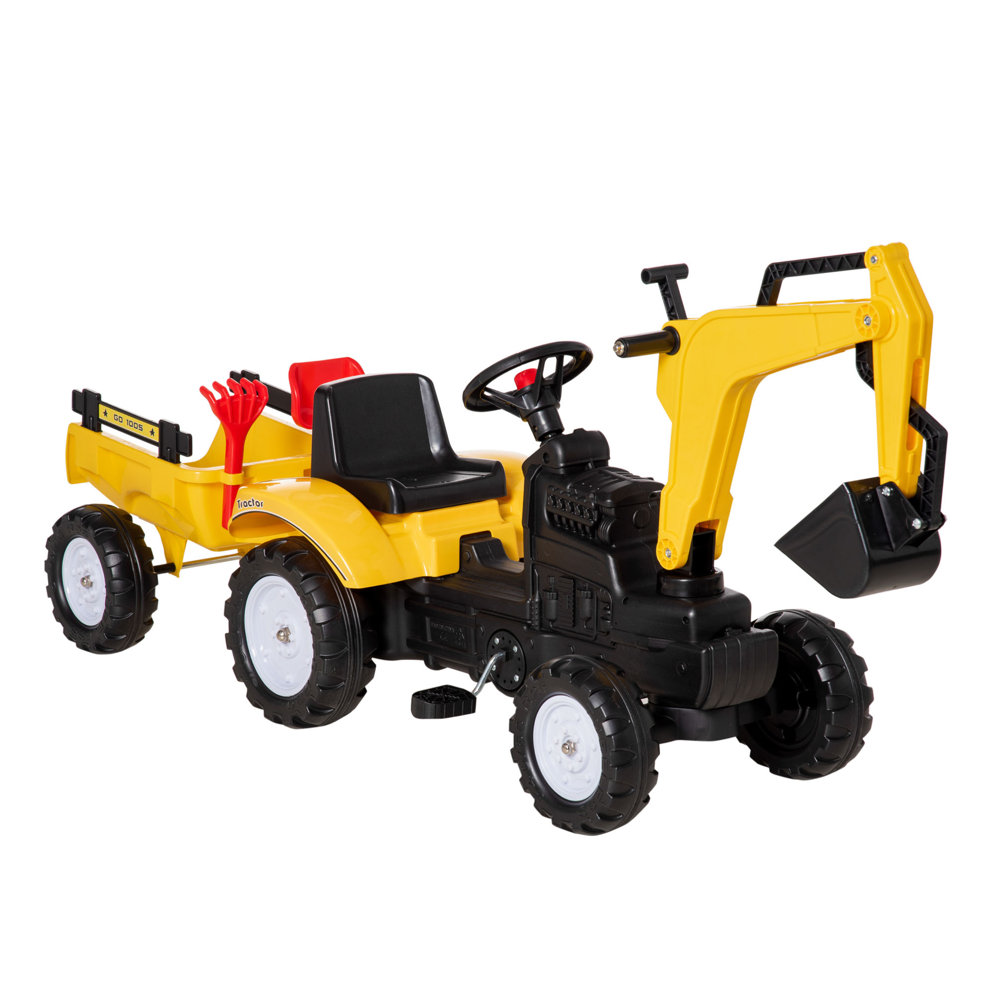 Ride-on Toy Pedal Digger Construction Car with Horn & Detachable Trailer, Yellow - Life Essentials