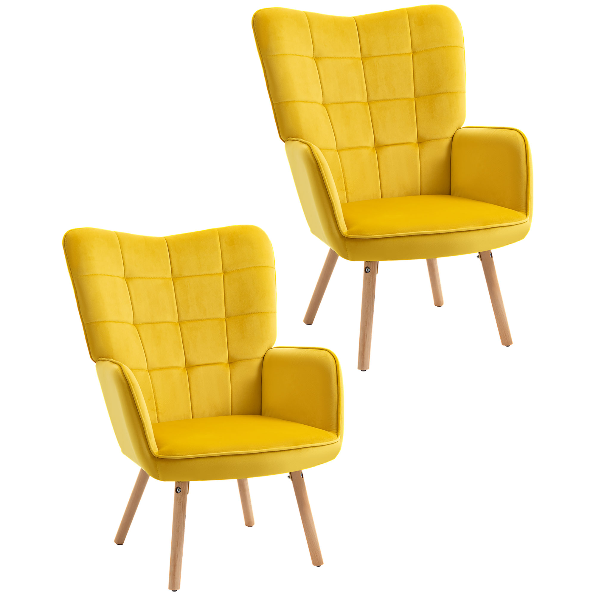 Modern Accent Chair Velvet-Touch Tufted Wingback Armchair Upholstered Leisure Lounge Sofa Club Chair with Wood Legs, Set of 2, Yellow - Life 