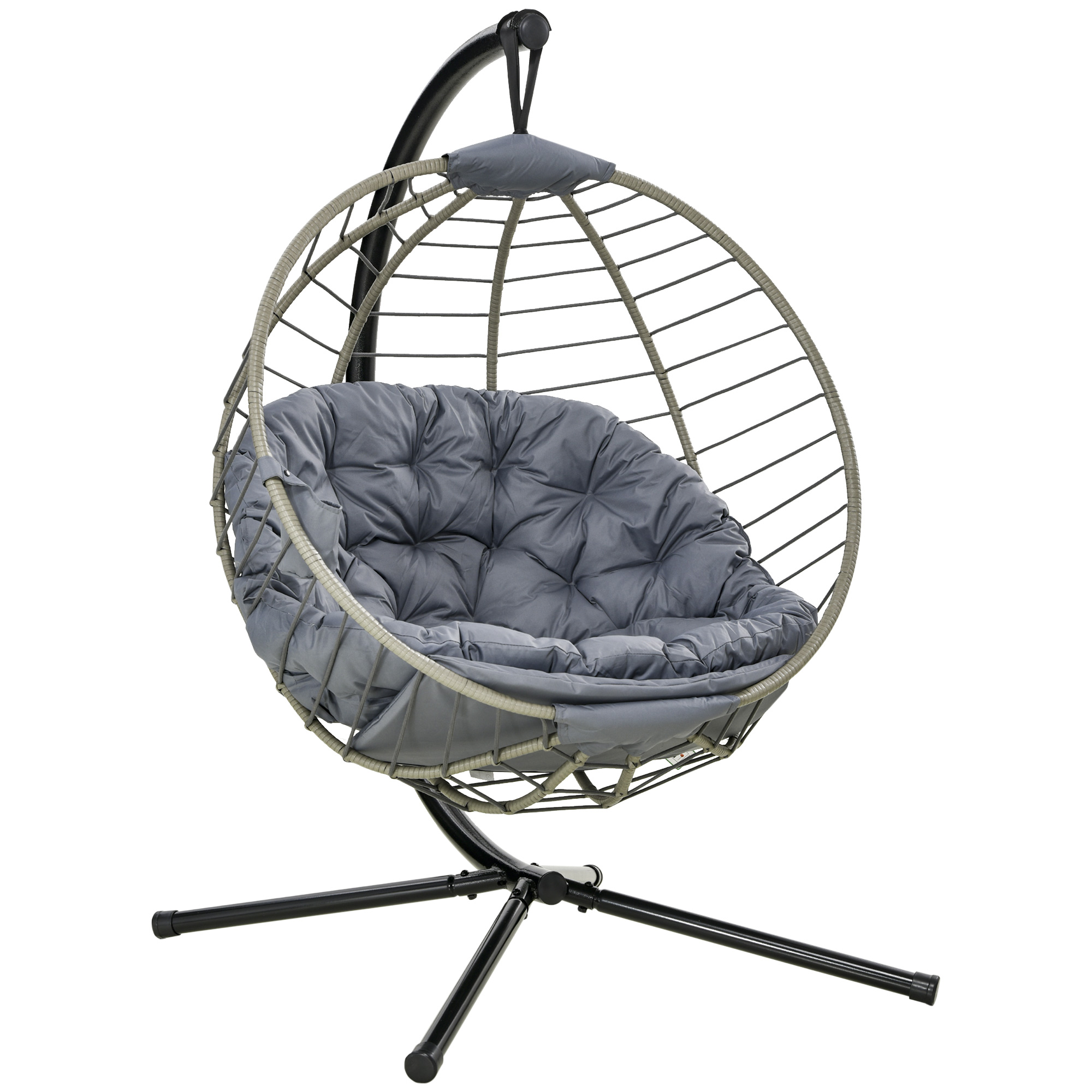 PE Rattan Swing Chair, Outdoor Hanging Chair with Metal Stand, Thick Padded Cushion, Foldable Basket and Cup Holder, for Indoor Outdoor Grey - Life 