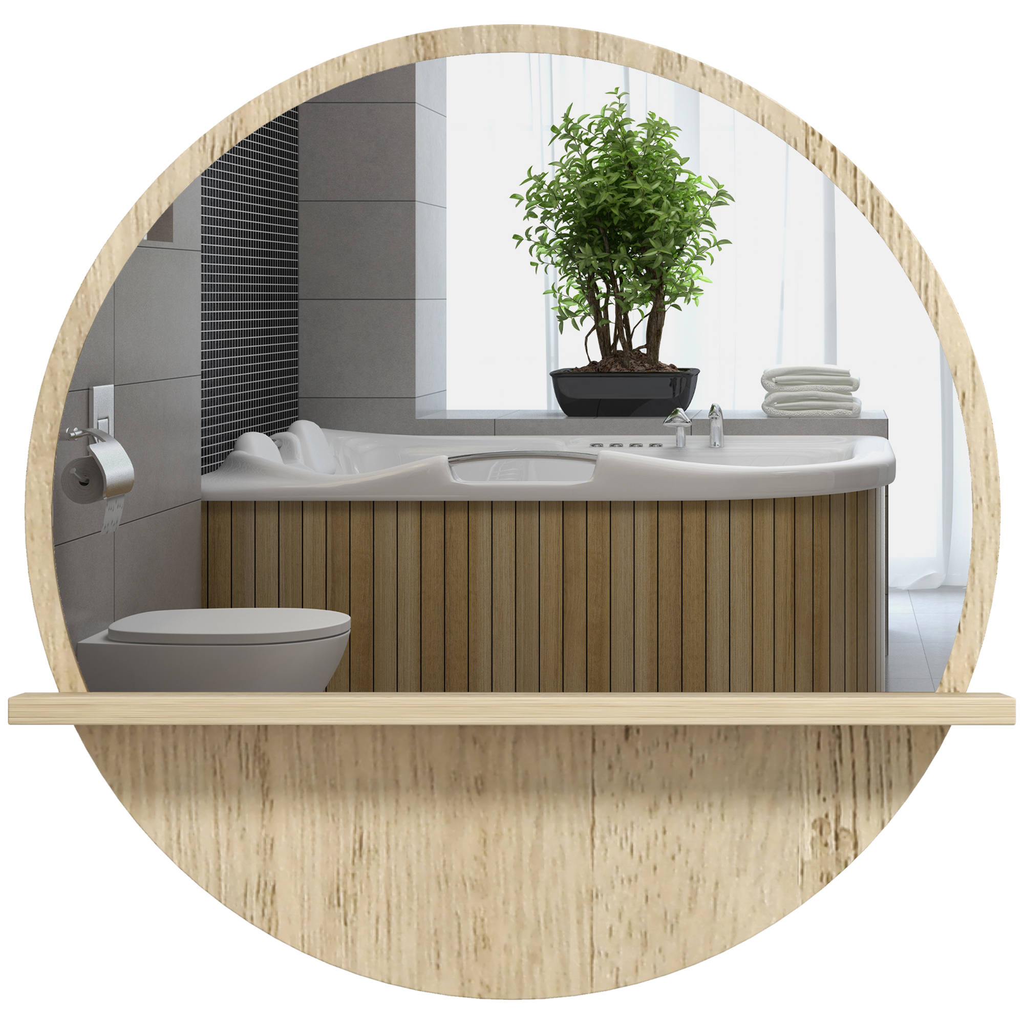 kleankin 45cm Wall Mounted Bathroom Mirror, Round Mirror with Shelf, Framed Makeup Mirror for Home Decoration, Natural Wood Effect - Life Essentials