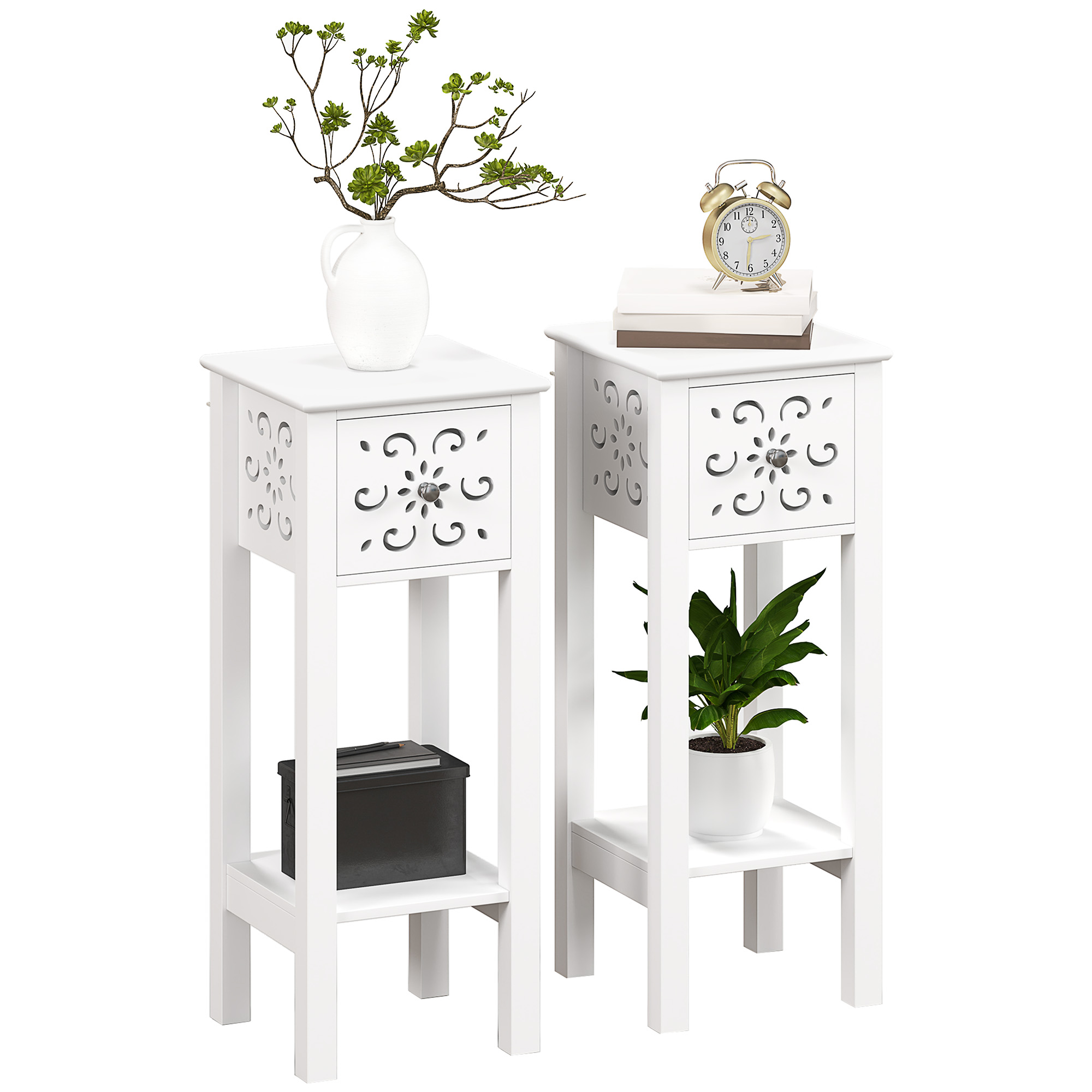 HERON Set of Two Elegant Floral Cut-Out Side Tables - White - Life Essentials