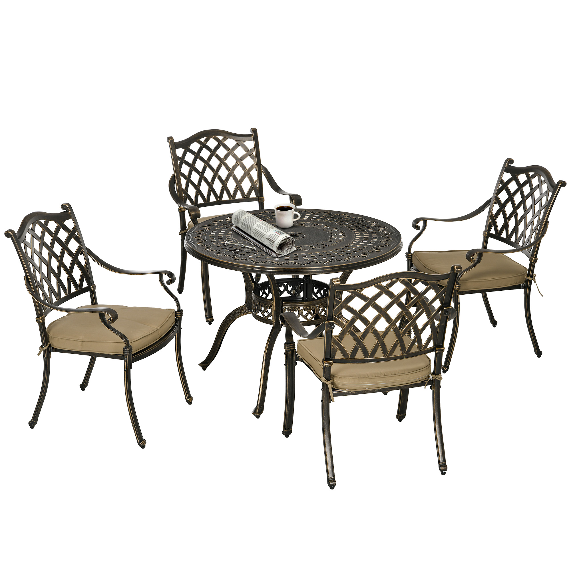 4 Seater Outdoor Dining Set Antique Cast Aluminium Garden Furniture Set with Cushions Round Dining Table with Parasol Hole, Bronze - Life Essentials
