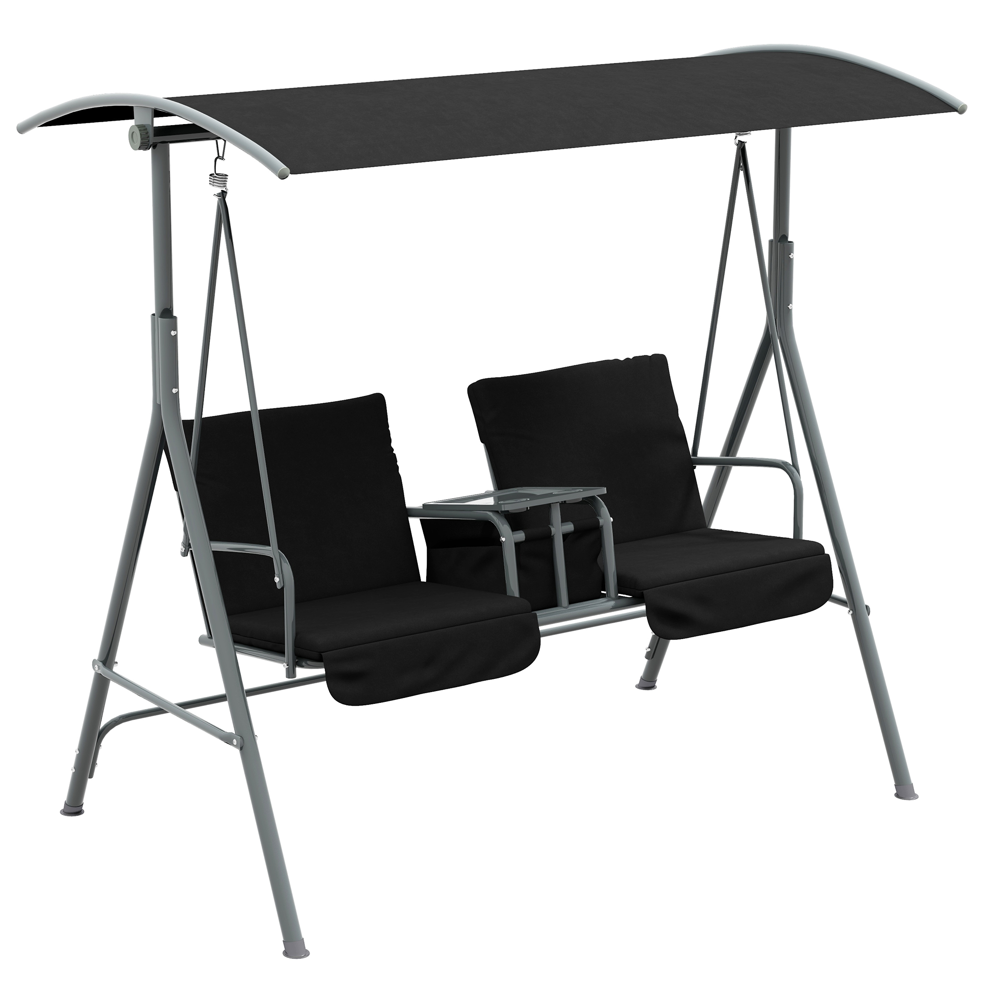 2 Seater Garden Swing Chair Patio Rocking Bench w/ Tilting Canopy, Double Padded Seats, Storage Bag and Tray, Black - Life Essentials