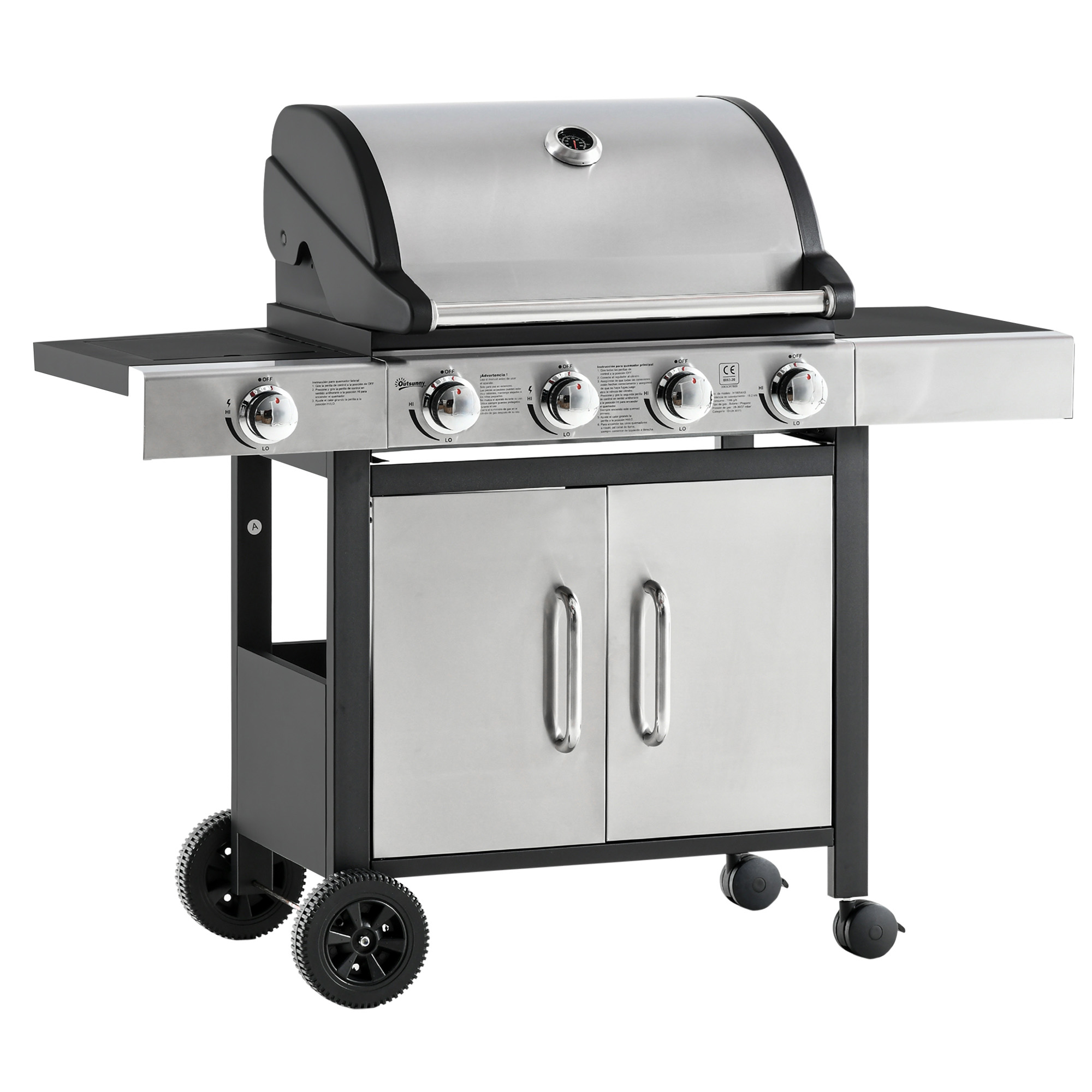 Gas Burner Barbecue Grill 4+1 Burner Garden BBQ Trolley w/ Side Burner Warming Rack Side Shelves Storage Cabinet Piezo Ignition Thermometer - Life 