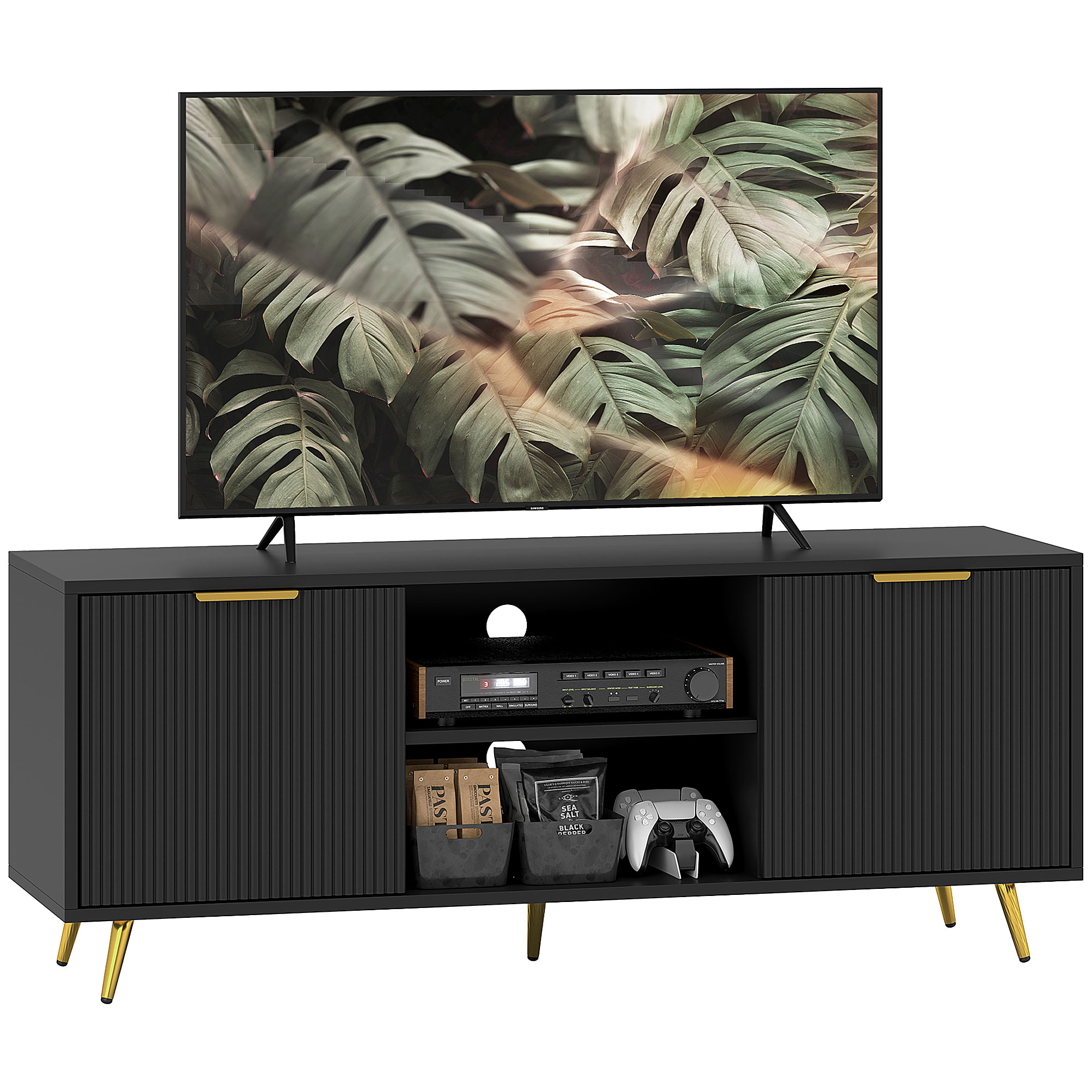 HERON Modern TV Stand Cabinet for TVs up to 55, Black - Life Essentials