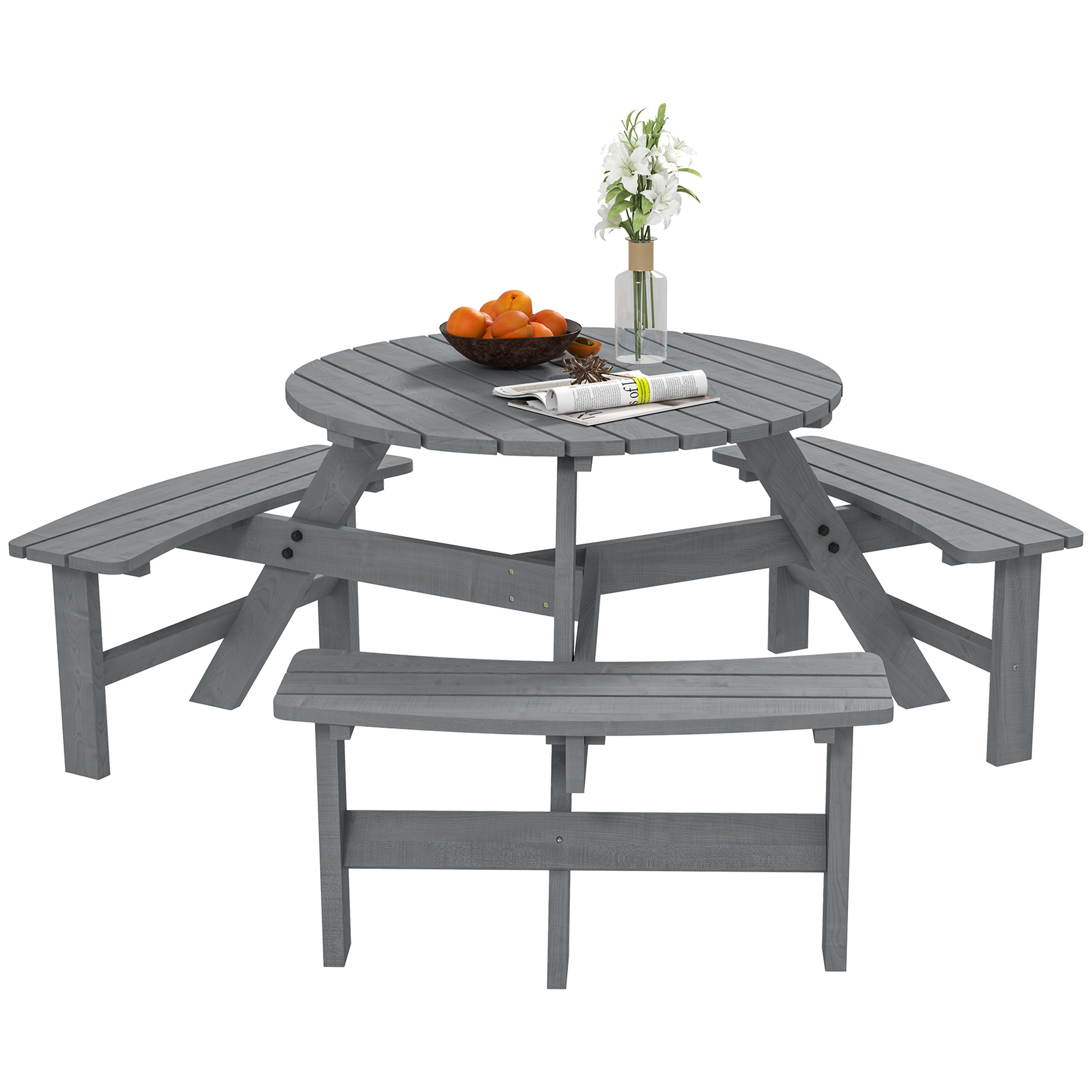 SUNVISTA 6 Seater Wooden Picnic Table and Garden Benches Set, Round Garden Dining Set with 3 Benches and Umbrella Hole Outdoor Garden Park, Grey - 