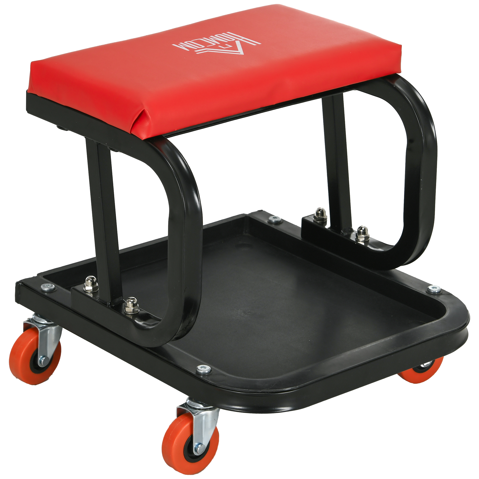 HERON Workshop Stool, Rolling Mechanic Stool with 360 Degree Swivel, Padded Seat, Tool Tray, for Garage, Workshop, Auto Repair, Red - Life Essentials