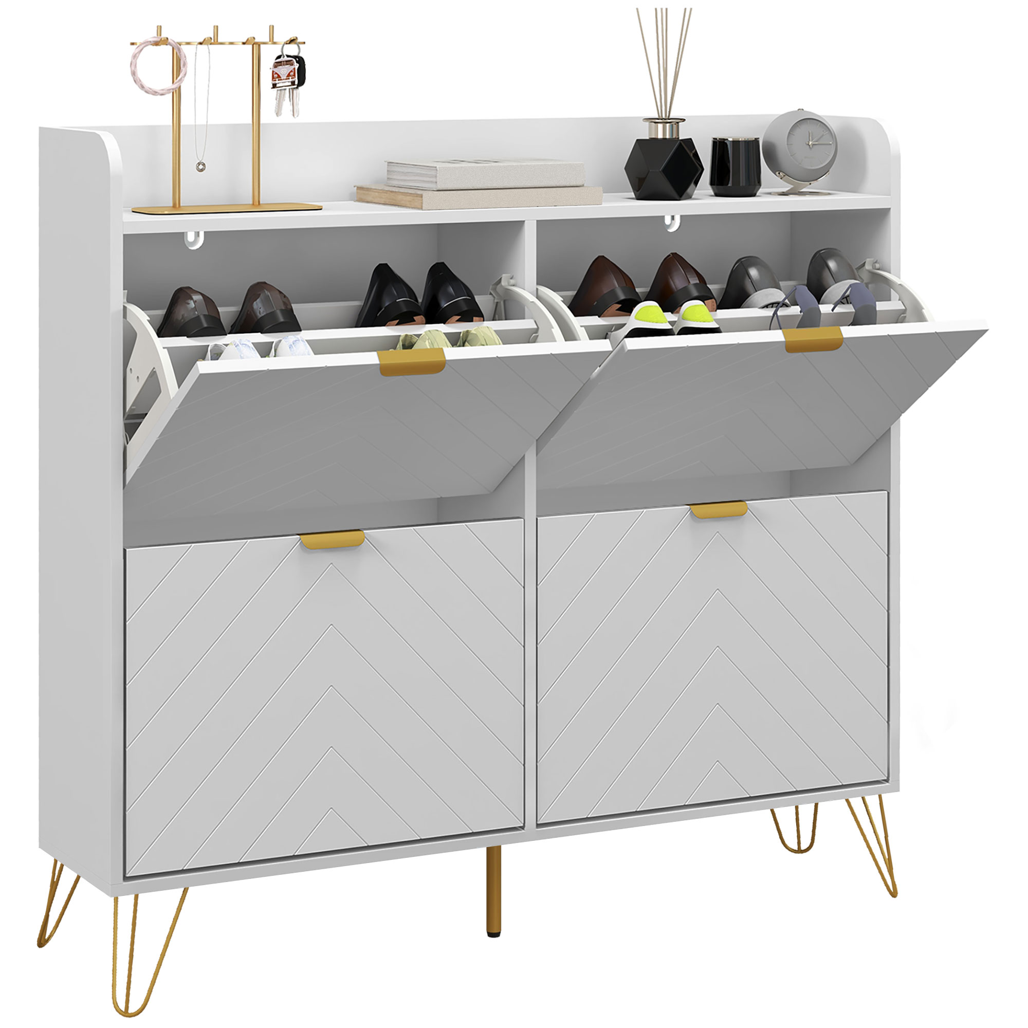 Narrow Shoe Storage Cabinet, Slim Shoe Cupboard with 4 Flip Drawers, Adjustable Shelf, Shoe Rack for 16 Pairs of Shoes - Life Essentials