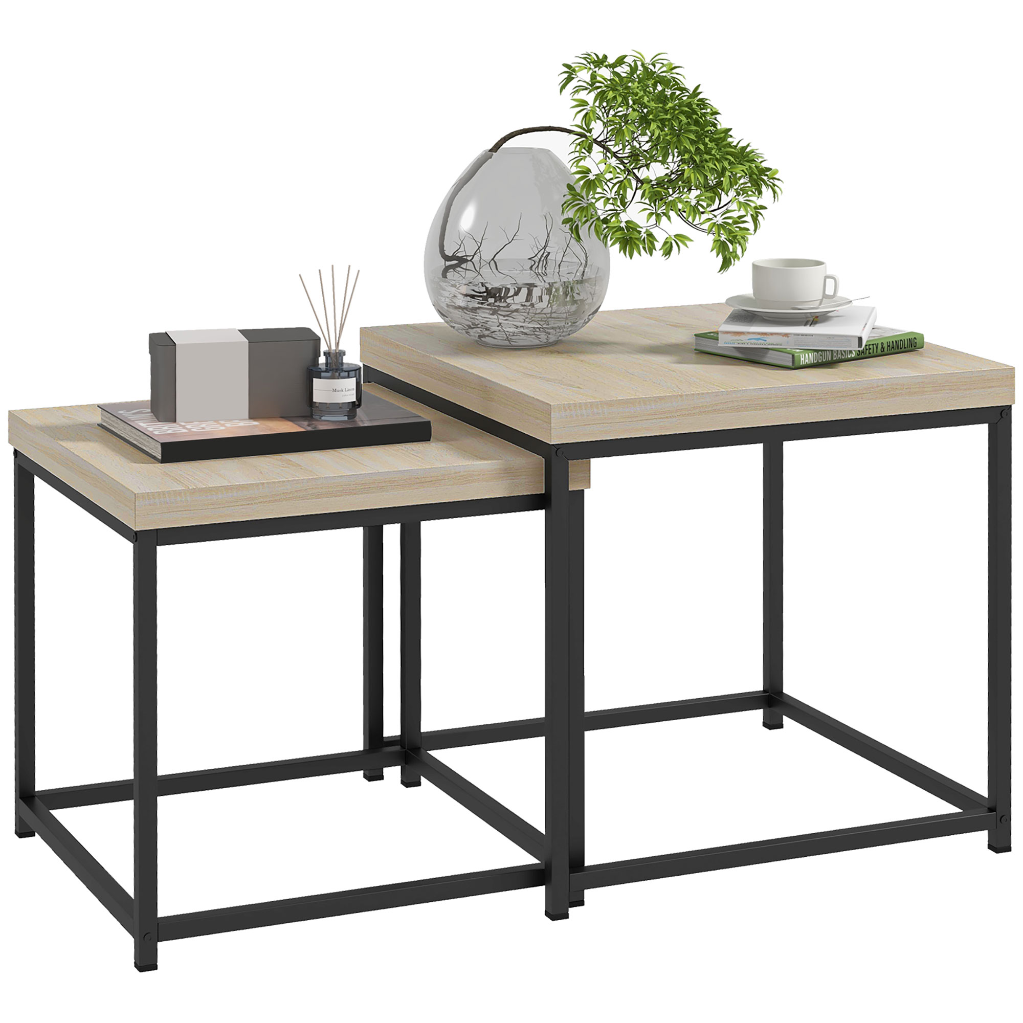 HERON Coffee Table Set of 2, Nest of Tables with 3.5cm Thick Tabletop, Oak - Life Essentials