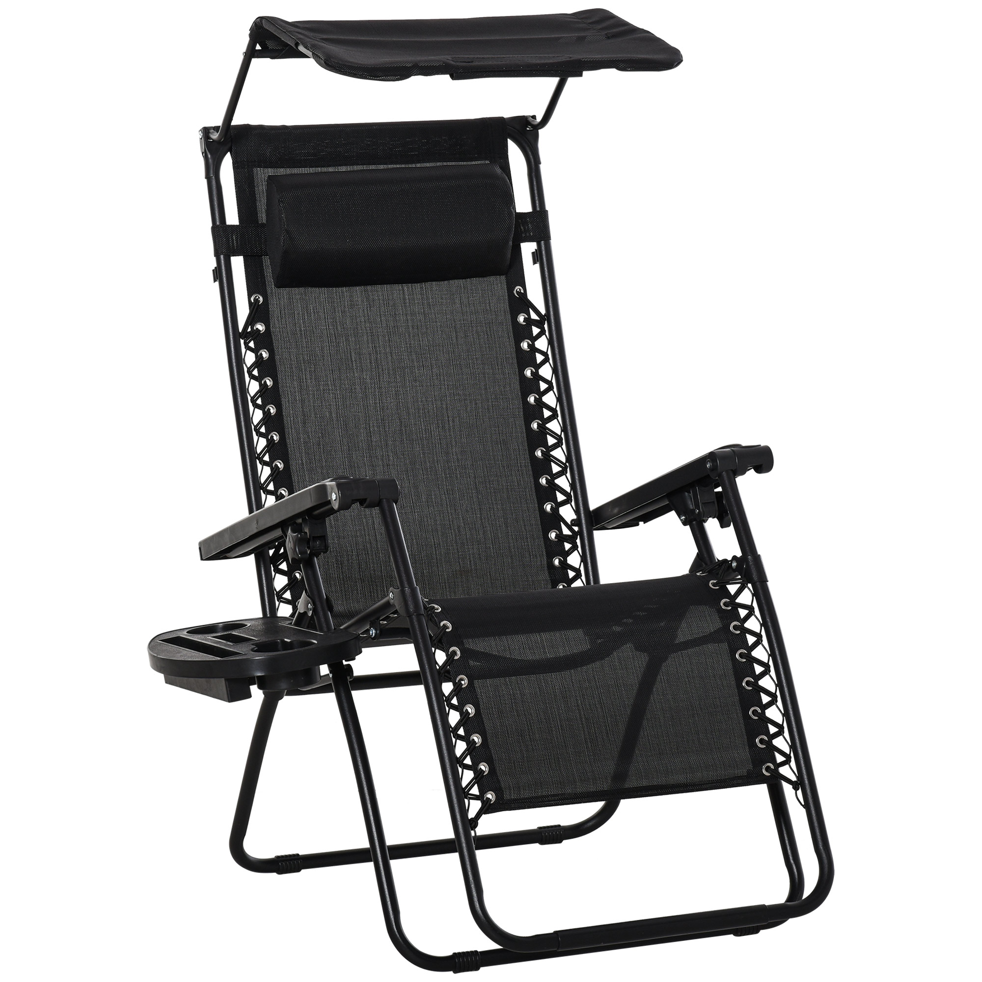 Zero Gravity Garden Deck Folding Chair Patio Sun Lounger Reclining Seat with Cup Holder & Canopy Shade - Black - Life Essentials