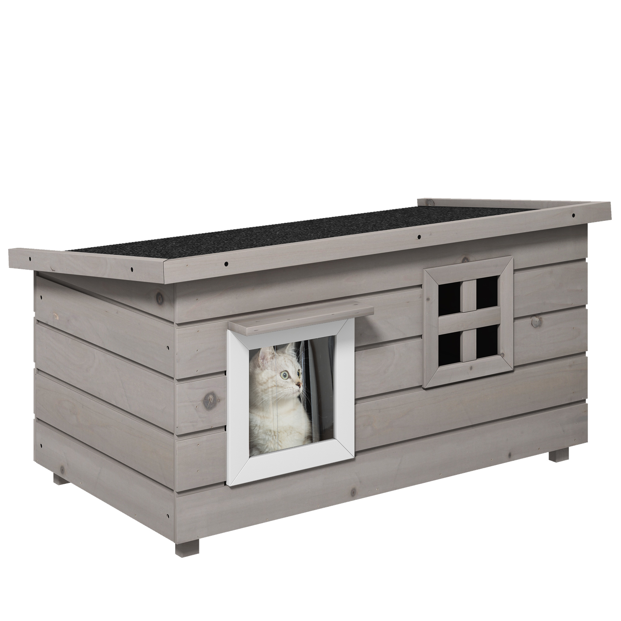 PAWSTER Wooden Outdoor Cat House, Elevated Cat Shelter Kennel, Pet Play House with Openable Top, Asphalt Roof, Window, Grey - Life Essentials