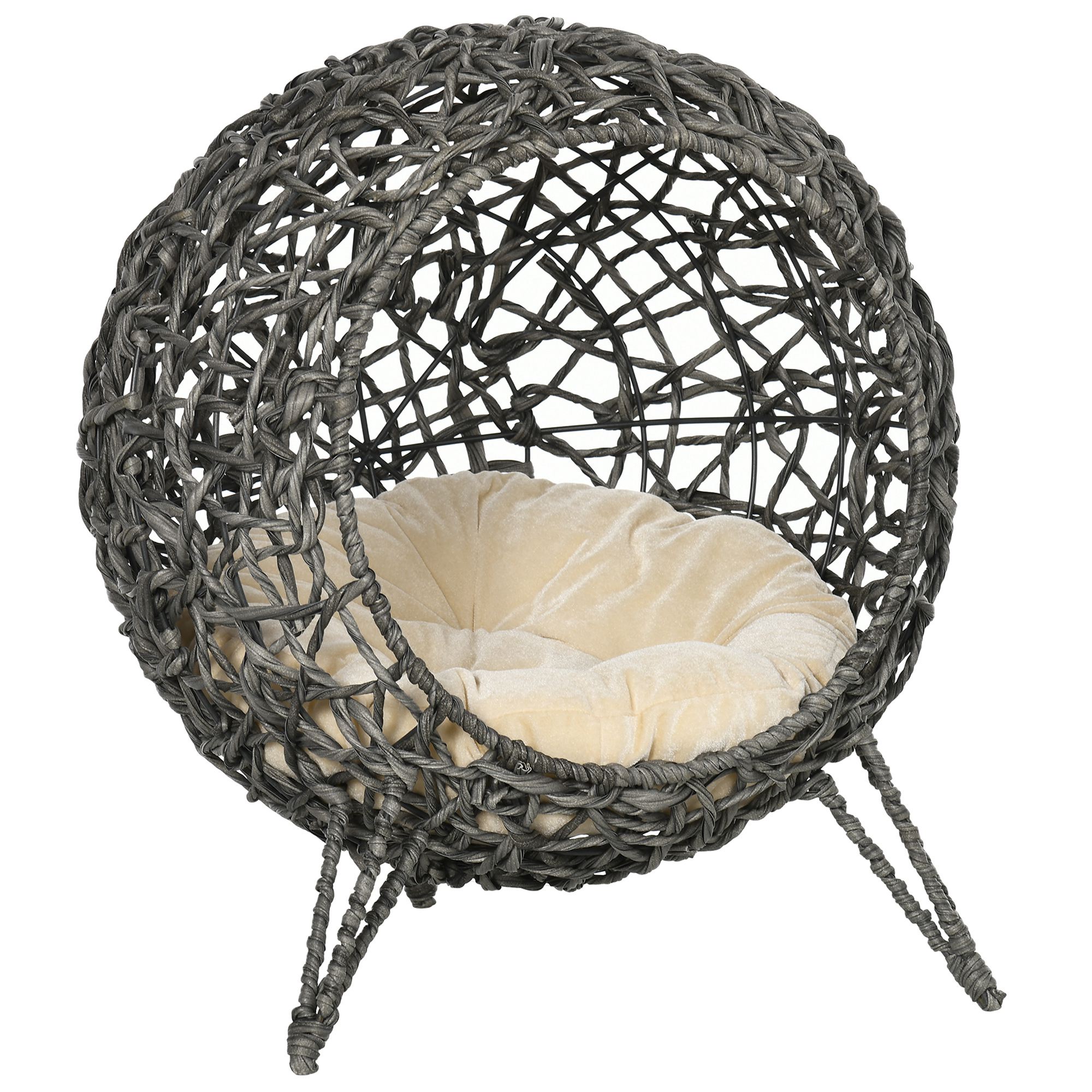 Rattan Elevated Cat Bed House Kitten Basket Ball Shaped Pet Furniture w/ Removable Cushion - Silver-Tone and Grey - Life Essentials