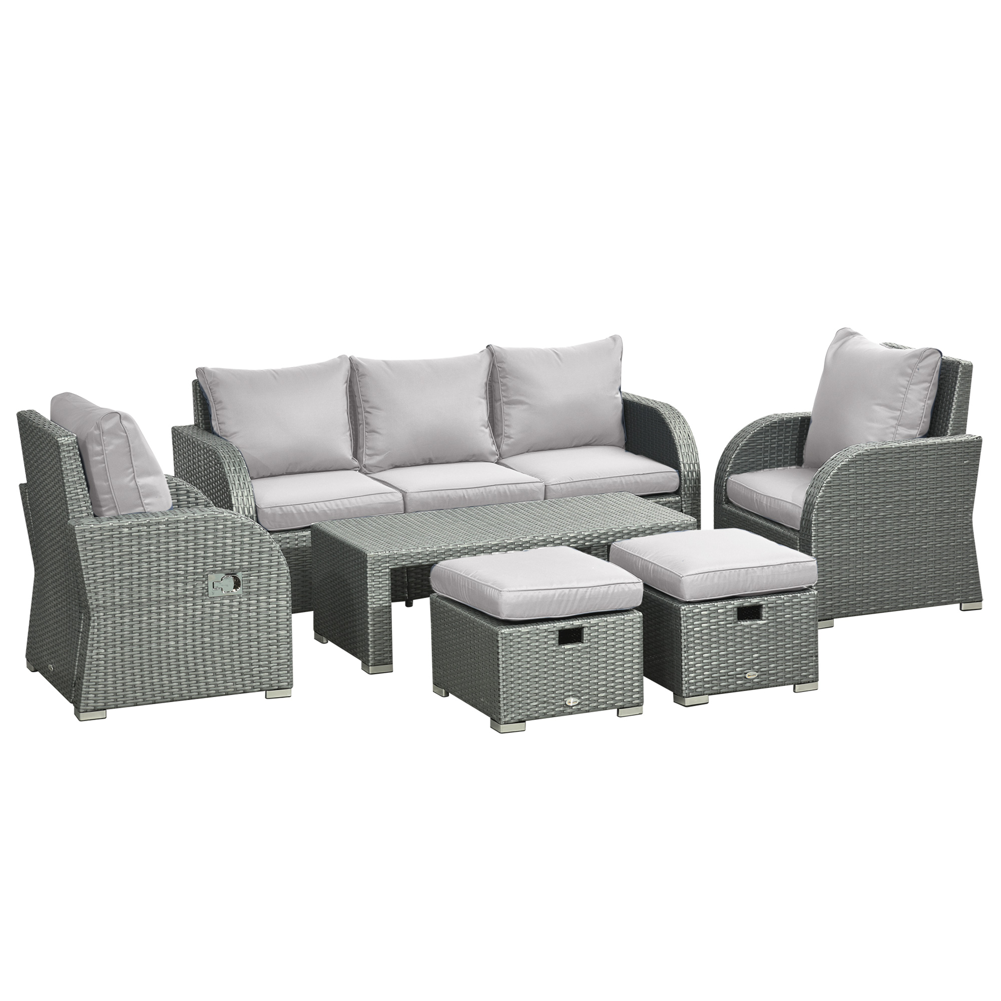 Rattan Garden Furniture 7 Seater Sofa & Coffee Table Footstool Set Outdoor Patio Wicker Weave Reclining Chair Space-saving - Light Grey - Life 