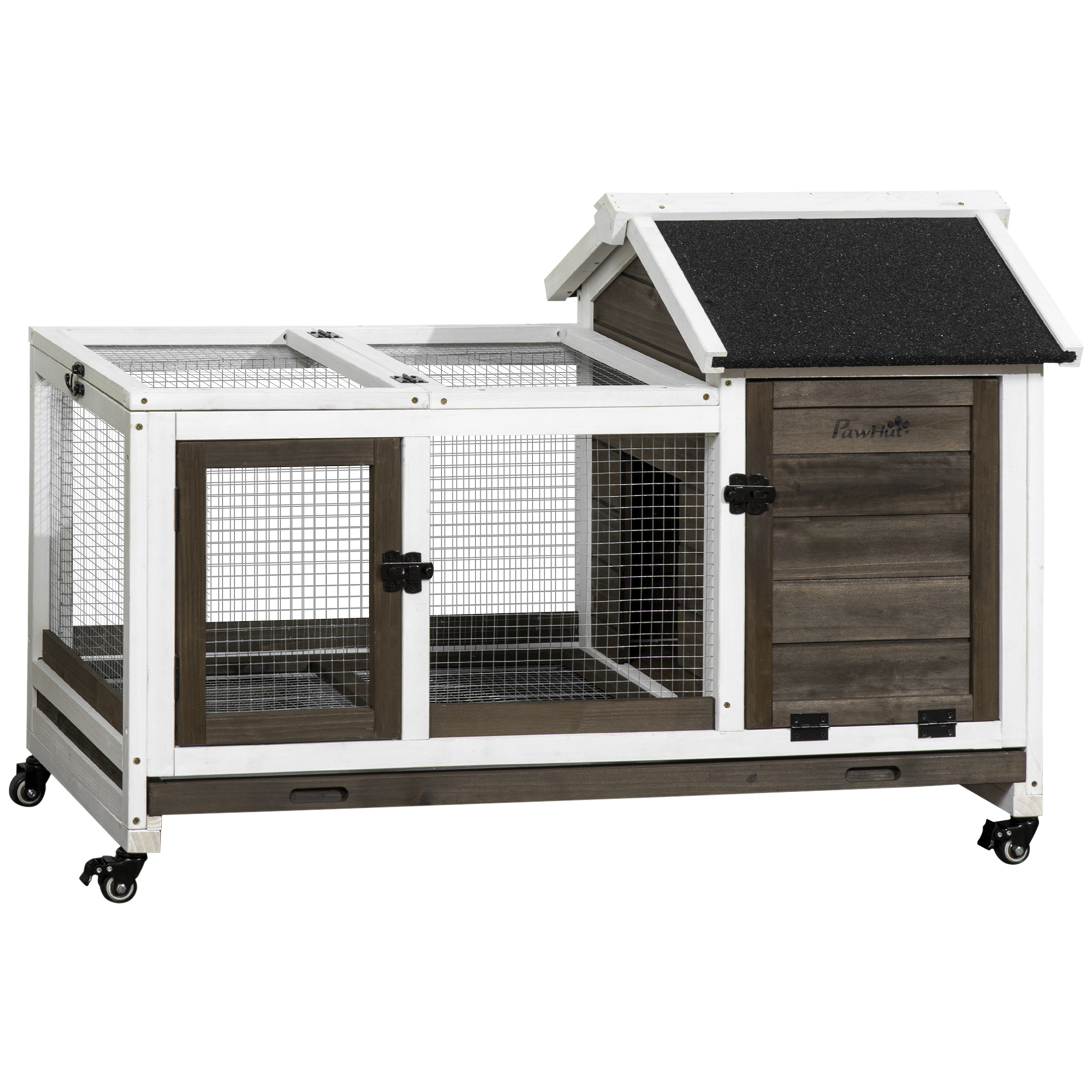 Wooden Rabbit Hutch with Wheels, Guinea Pig Cage, Small Animal House for Outdoor & Indoor with Slide-out Tray, 108 x 58 x 73.5cm, Coffee - Life 