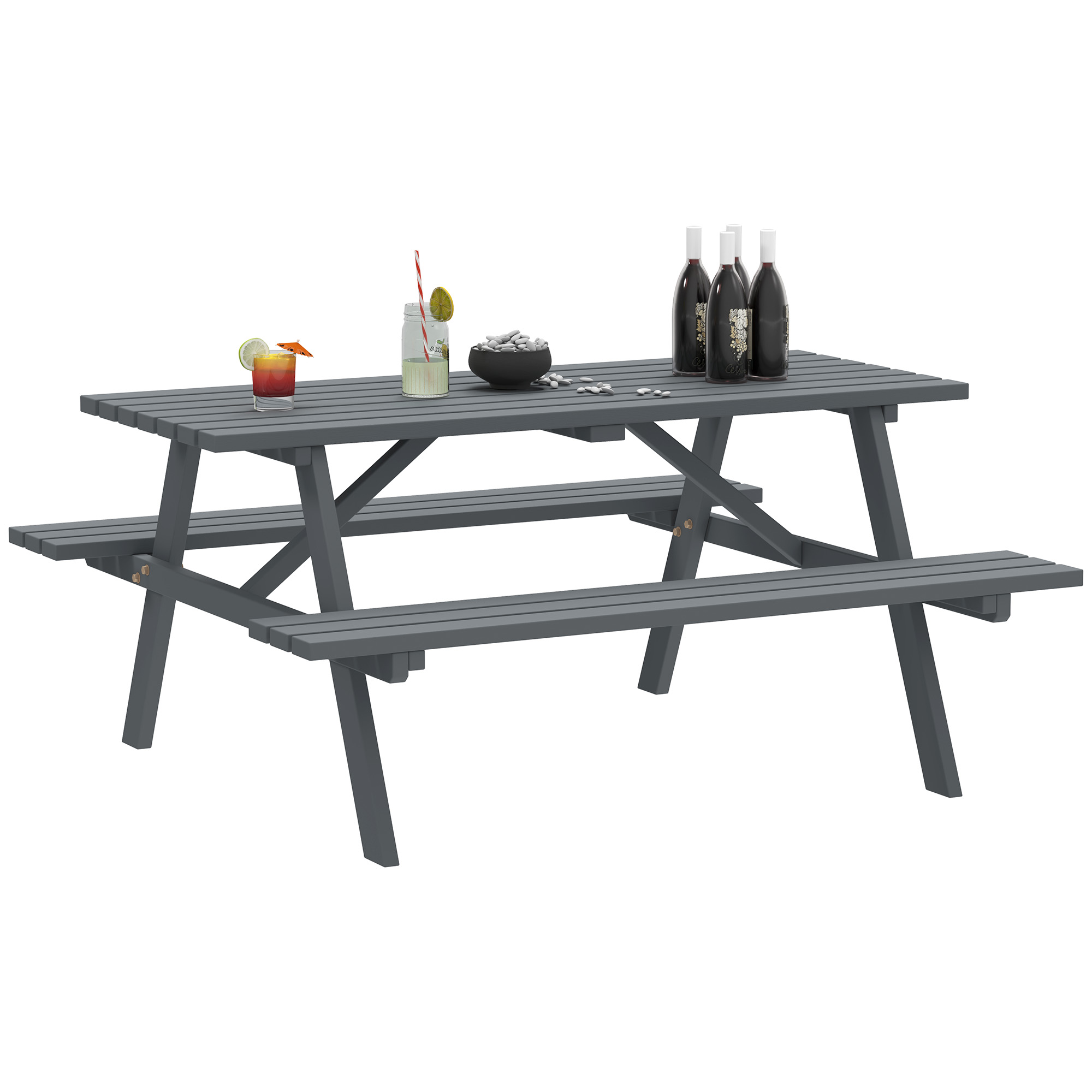 SUNVISTA 6 Seater Wooden Picnic Table Bench for Outdoor Garden or Patio with Parasol Cutout 150 cm Grey - Life Essentials