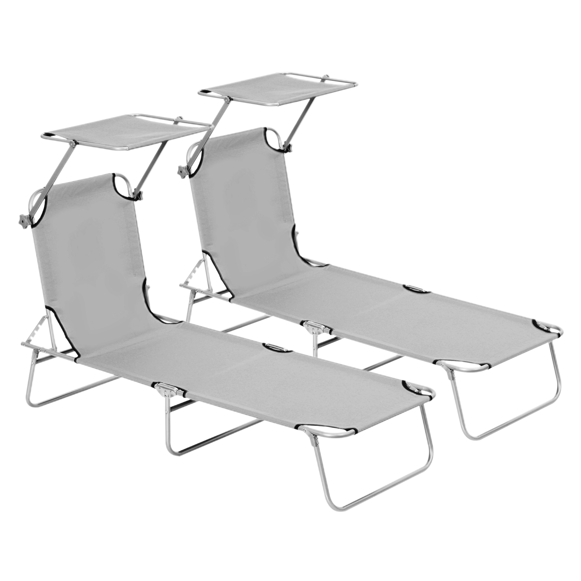 2 Pcs Outdoor Foldable Sun Lounger Set w/ Removeable Shade Canopy, Recliner Sun Lounger w/ Adjustable Backrest w/ Mesh Fabric, Light Grey - Life 