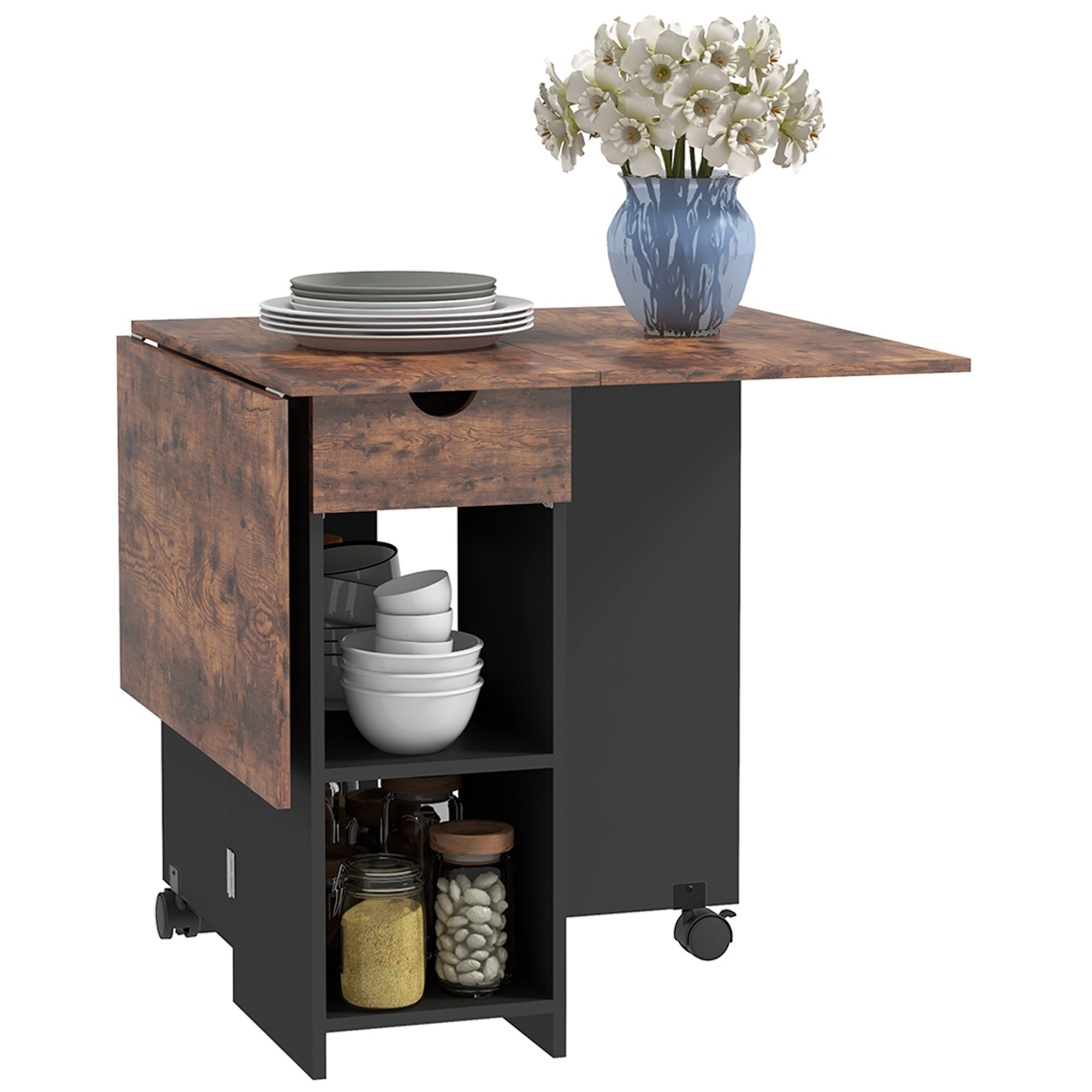 HERON Folding Dining Table, Drop Leaf Table for Small Spaces, Foldable Table with Drawer and Storage Shelves for Kitchen, Dining Room, Rustic Brown - 