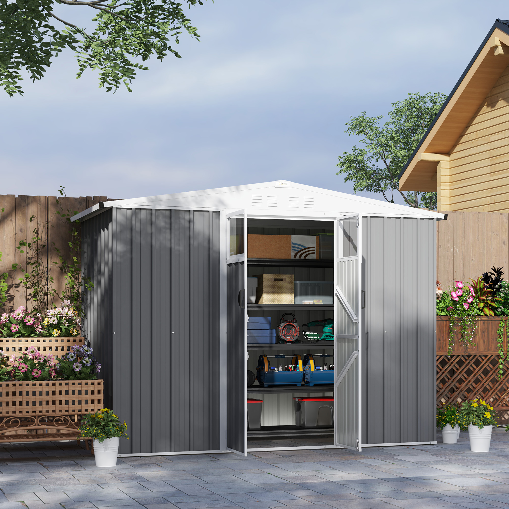 SUNVISTA 8x4ft Metal Garden Shed with Lockable Door, Window & 4 Vents, Waterproof Steel Storage Shed, Light Grey - Life Essentials