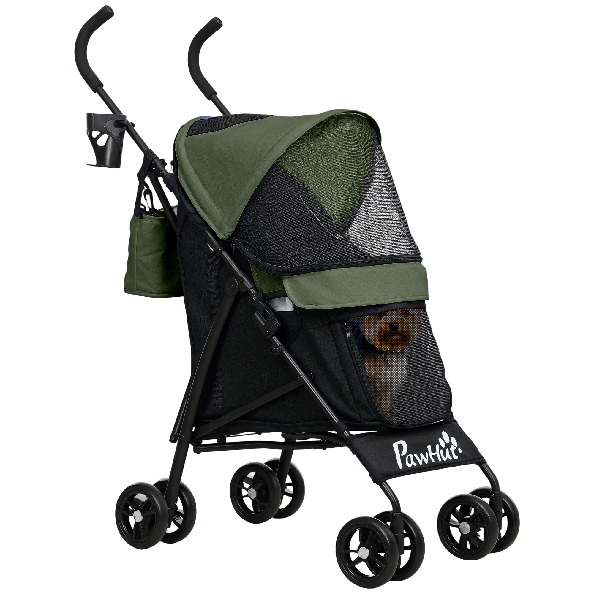 PAWSTER Umbrella Structure Dog Stroller, Lightweight & Portable Dog Pram w/ Shoulder Strap, Storage Bag & Cup Holder, Dark Green - Life Essentials