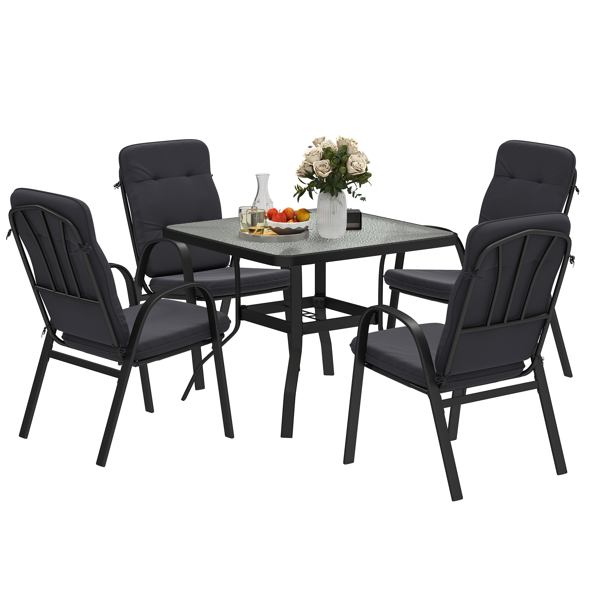 SUNVISTA 5 Pieces Outdoor Square Garden Dining Set w/ Tempered Glass Dining Table 4 Cushioned Armchairs, Umbrella Hole, Black - Life Essentials