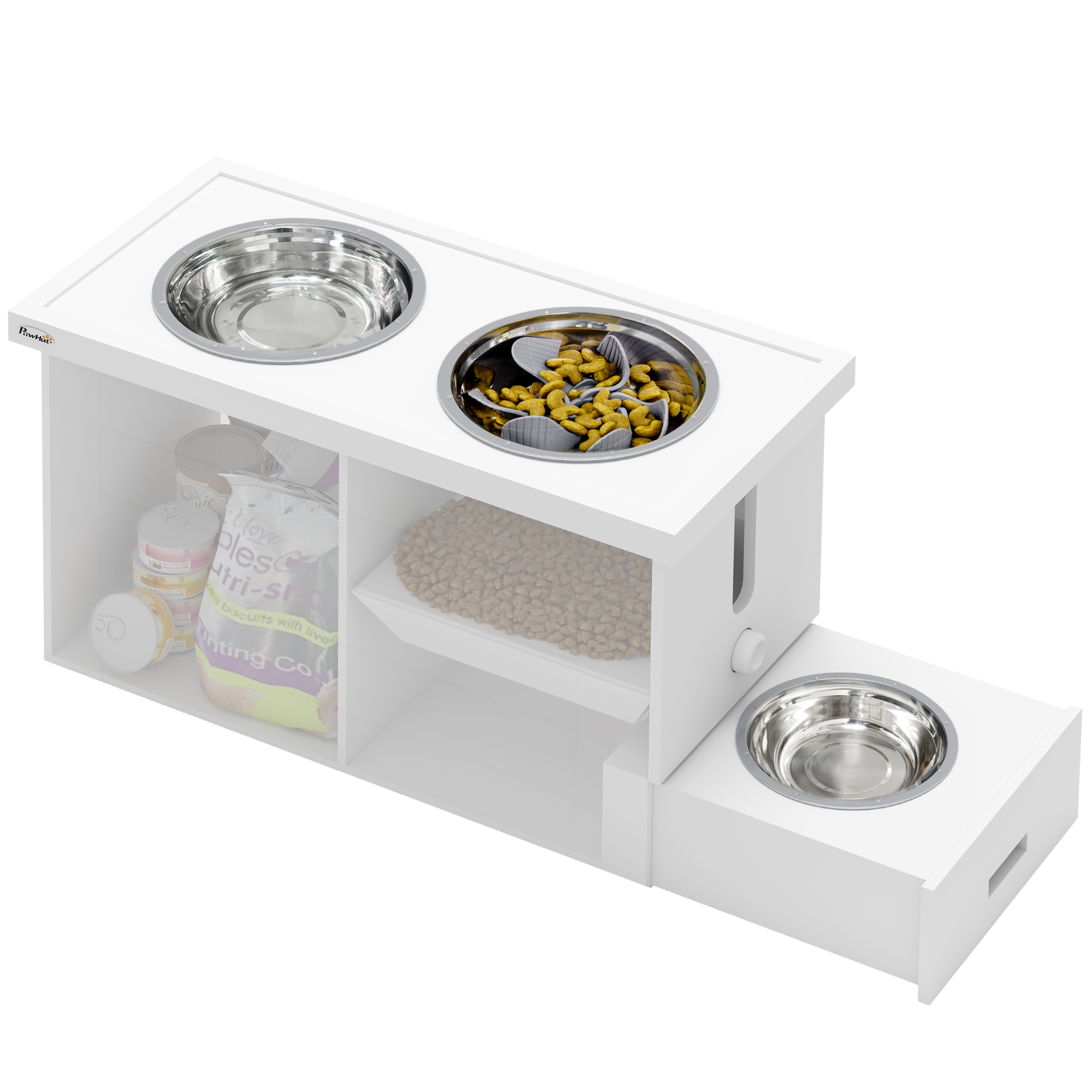 PAWSTER Raised Dog Bowls w/ Slow Feeder Mat, Storage Cabinet, 3 Stainless Steel Bowls, Semi-Auto Dispenser Function, White - Life Essentials