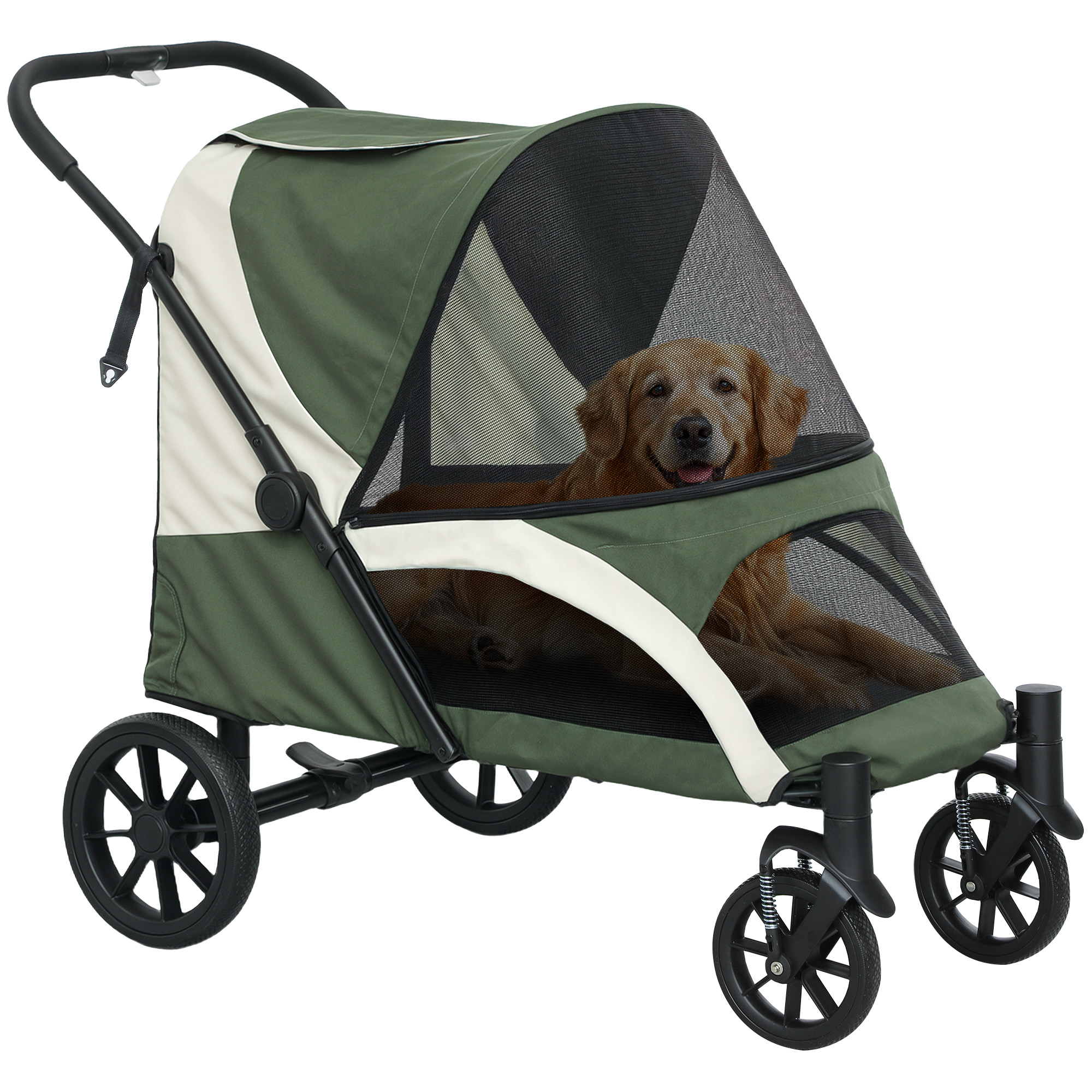 PAWSTER Easy Folding Pet Stroller for Large Dogs with 4 Big Wheels, Shock Absorb Frame, Safety Leashes, Brakes, Dark Green - Life Essentials
