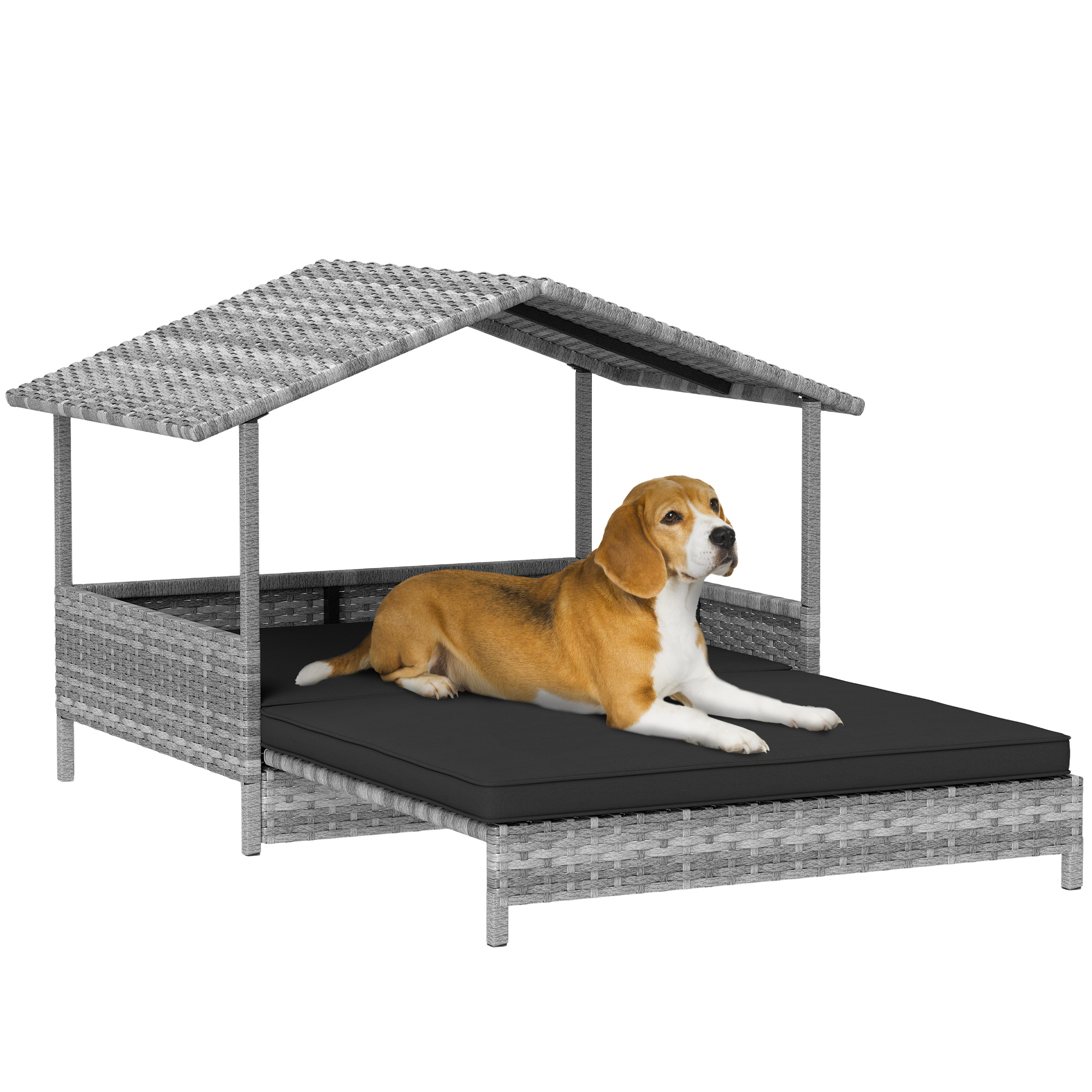 PAWSTER Extendable Elevated Dog Bed, Rattan Dog House, with Water-Resistant Roof, Removable Cushion, Charcoal Grey - Life Essentials