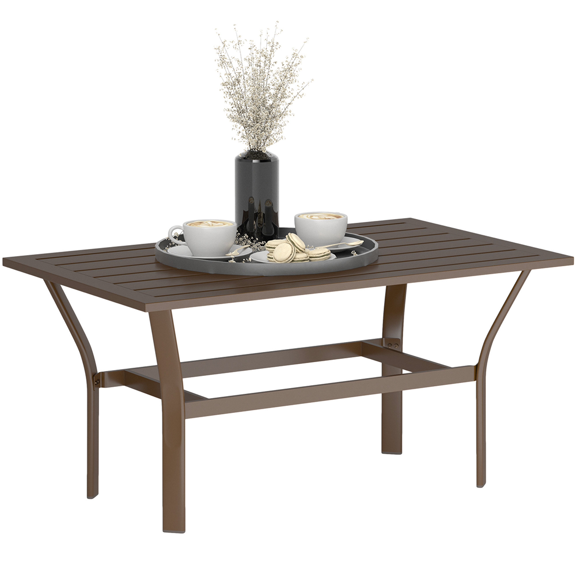 SUNVISTA Metal Outdoor Coffee Table, Slatted Top, 91.5x55x45cm, Brown - Life Essentials