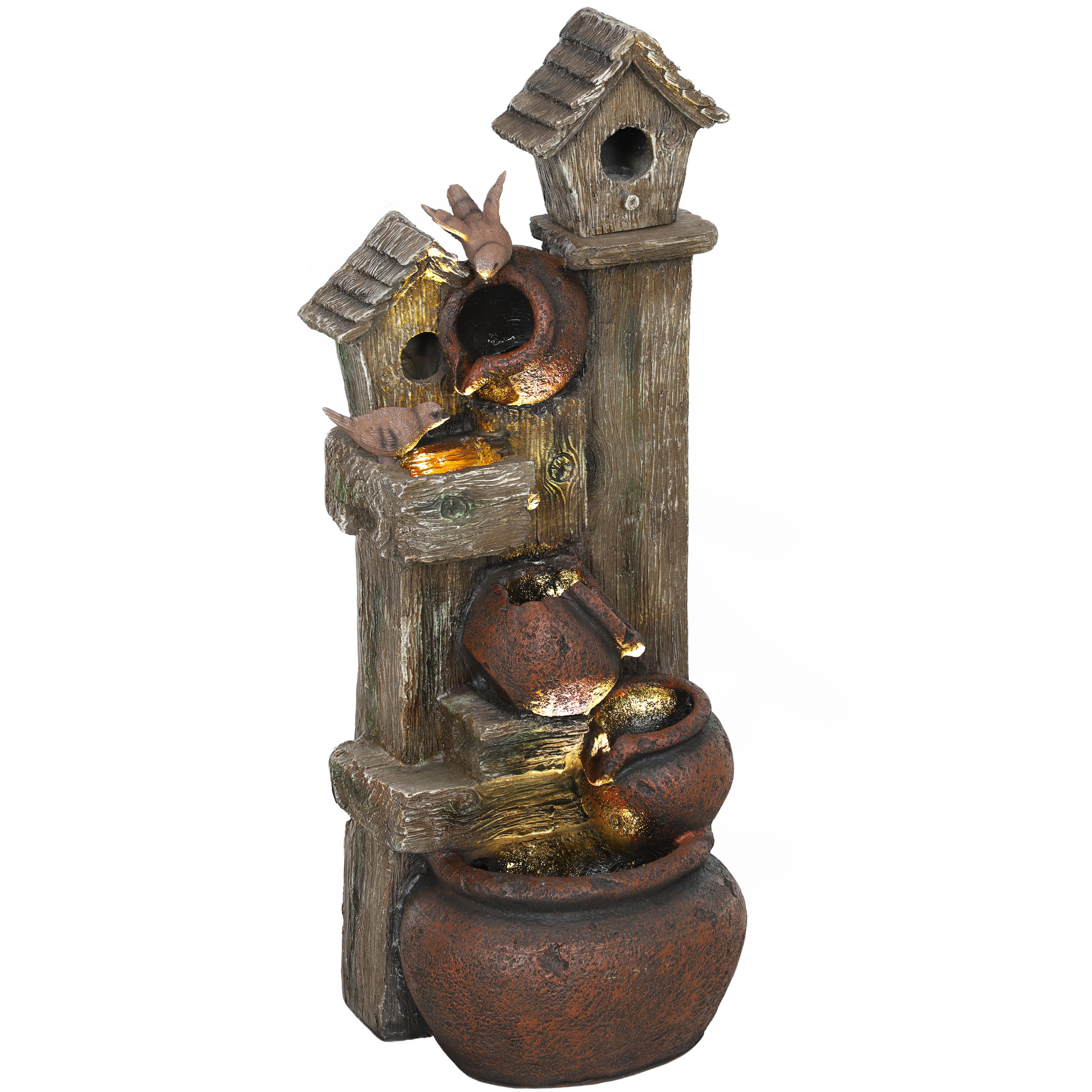 SUNVISTA 2-in-1 Resin Water Fountain with Birdhouse & LED Lights, Cascading Tree Trunk Design - Life Essentials